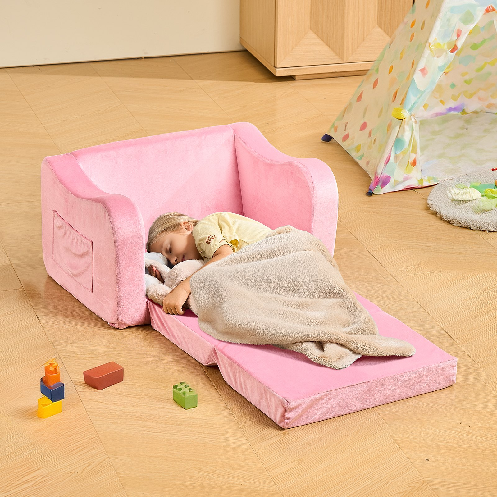 VEVOR 2-in-1 Kids Sofa Chair to Lounger Foldable Soft Couch Pink