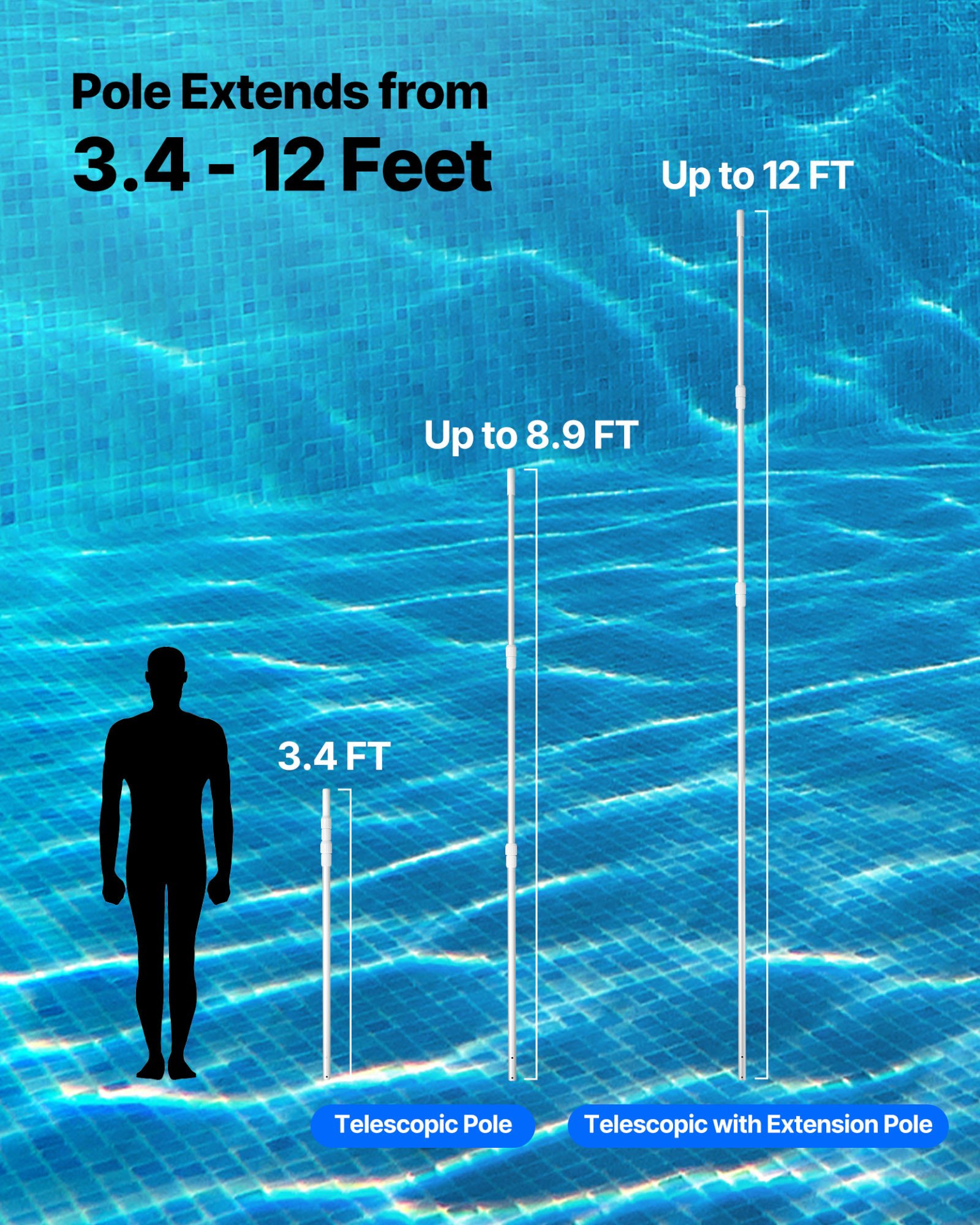 Swimming Pool Pole 3.4 to 12 ft Telescopic Aluminum Alloy Twist Locking