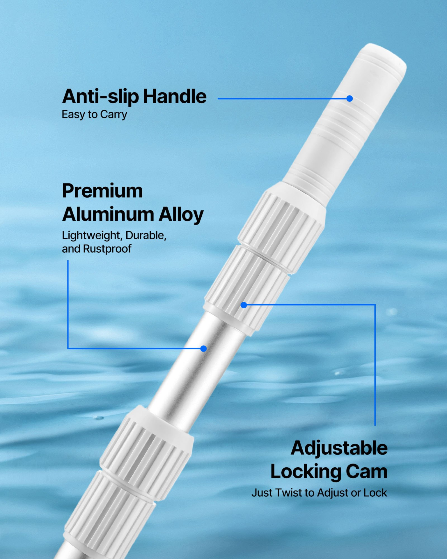 3.4-15 ft Telescoping Pool Pole Adjustable Cleaning Handle