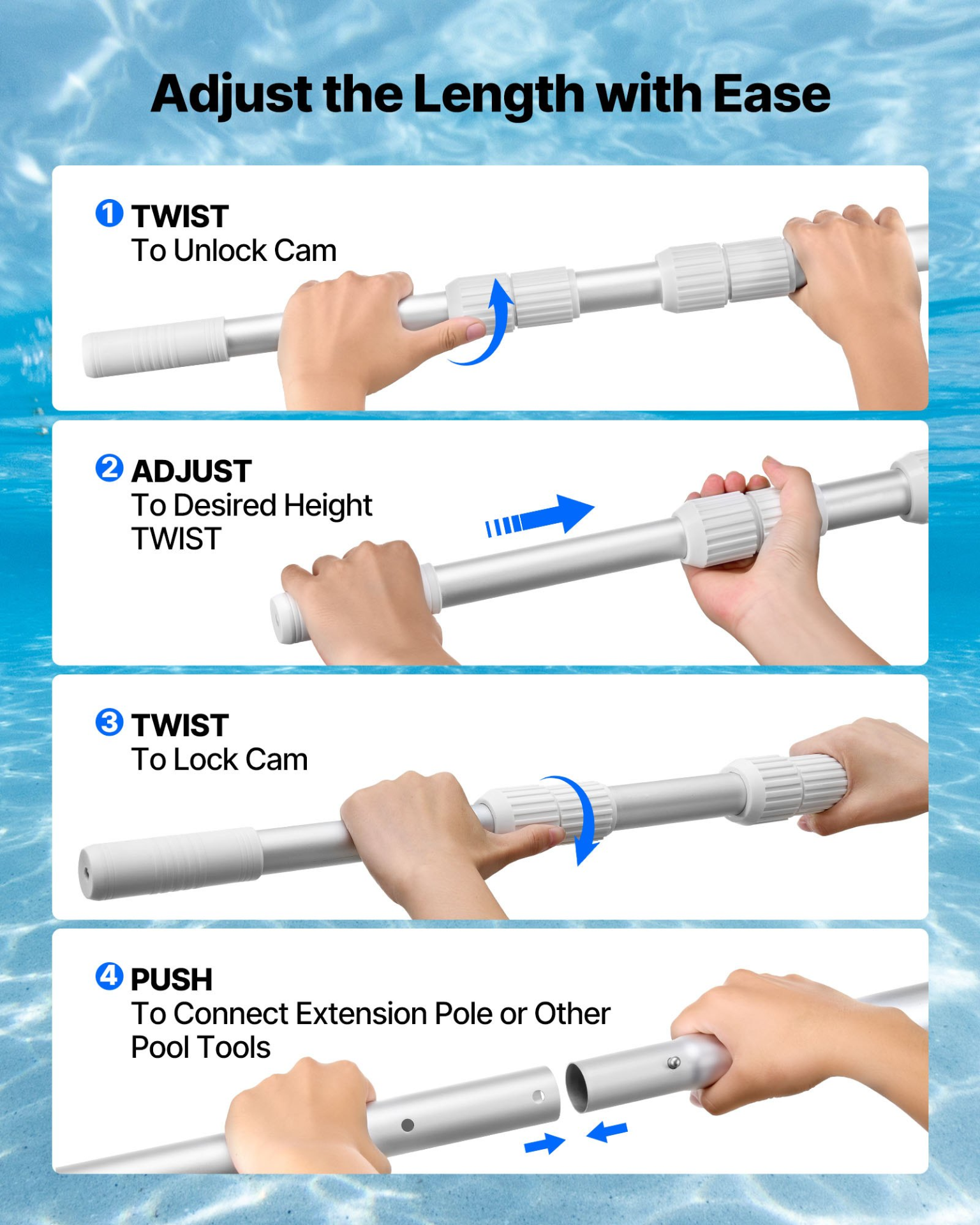 3.4-15 ft Telescoping Pool Pole Adjustable Cleaning Handle