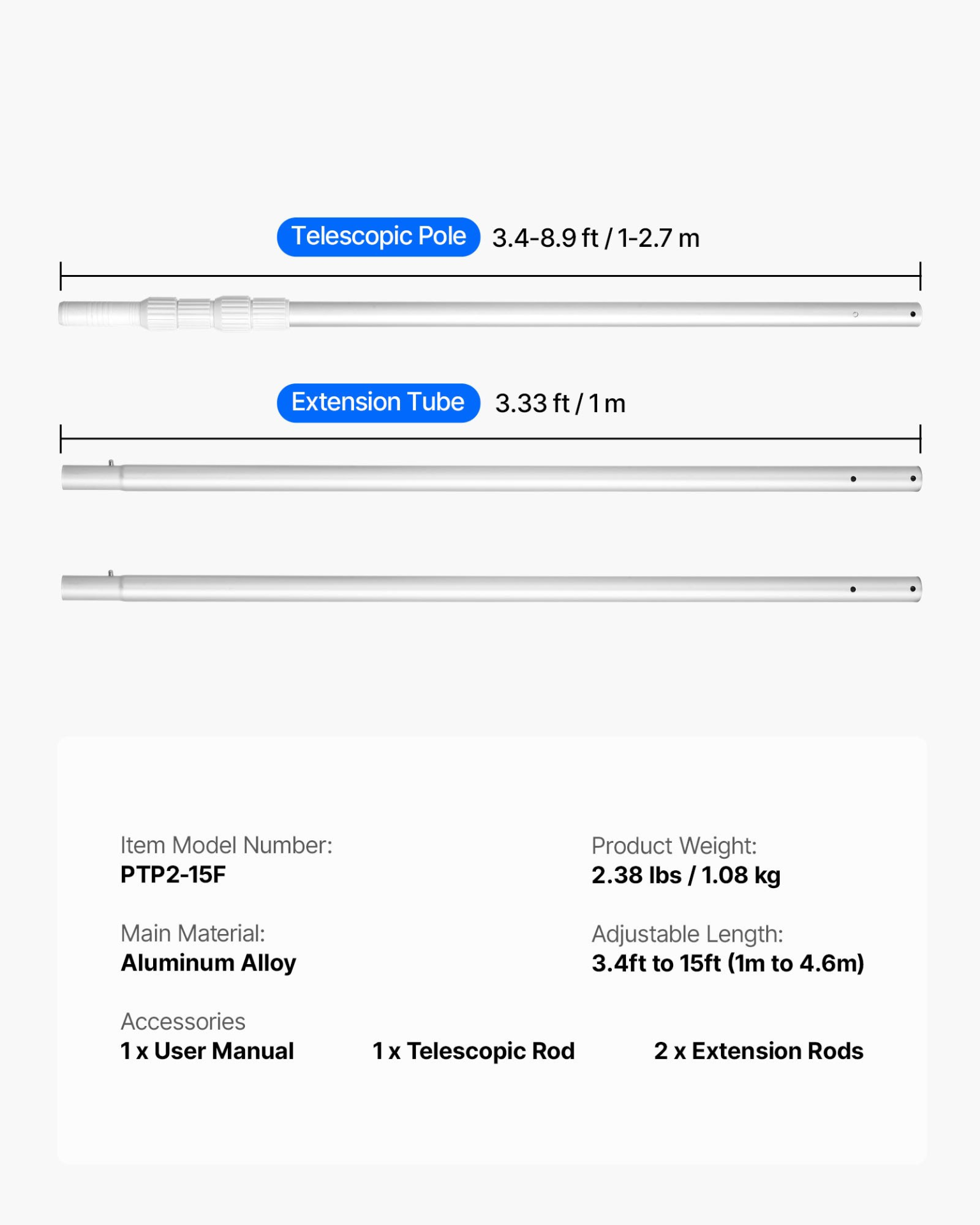 3.4-15 ft Telescoping Pool Pole Adjustable Cleaning Handle