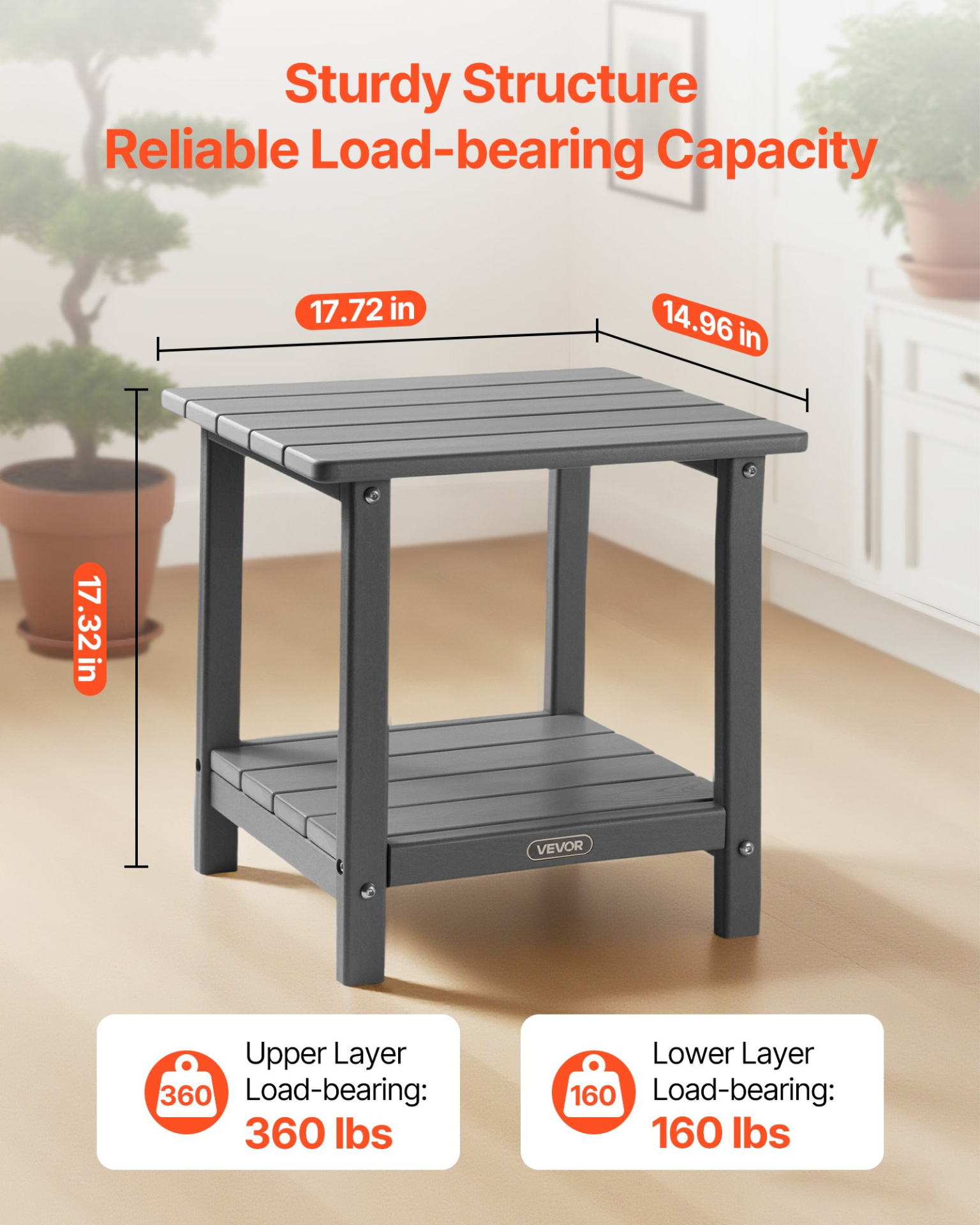 VEVOR Heavy Duty 2-Tier Side Table 360LB Capacity Indoor Outdoor Grey