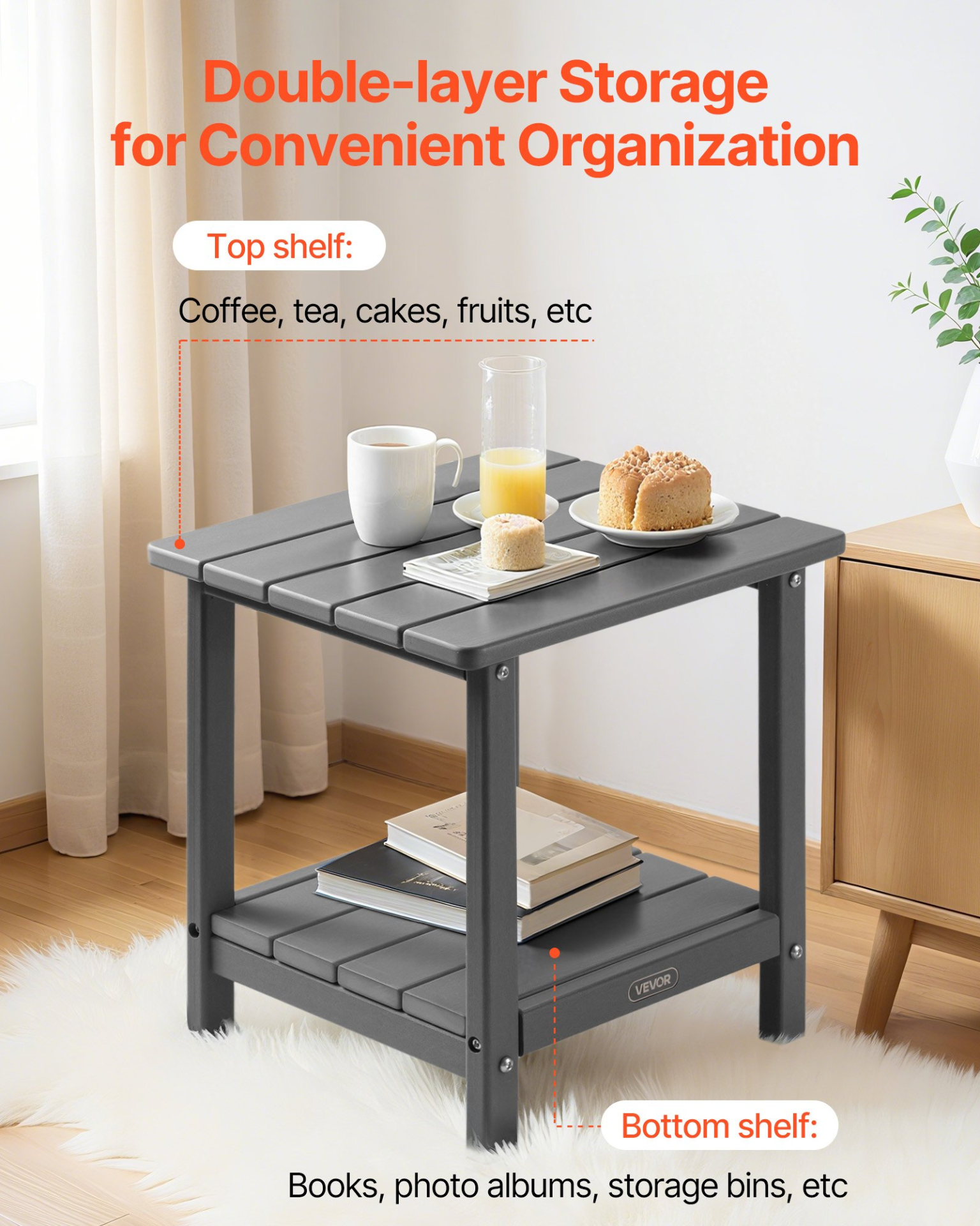 VEVOR Heavy Duty 2-Tier Side Table 360LB Capacity Indoor Outdoor Grey