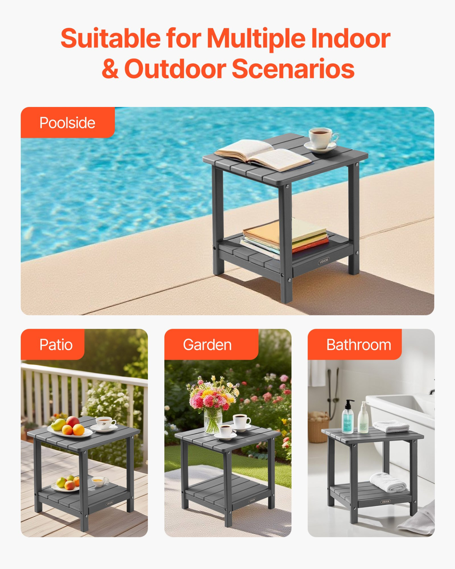 VEVOR Heavy Duty 2-Tier Side Table 360LB Capacity Indoor Outdoor Grey