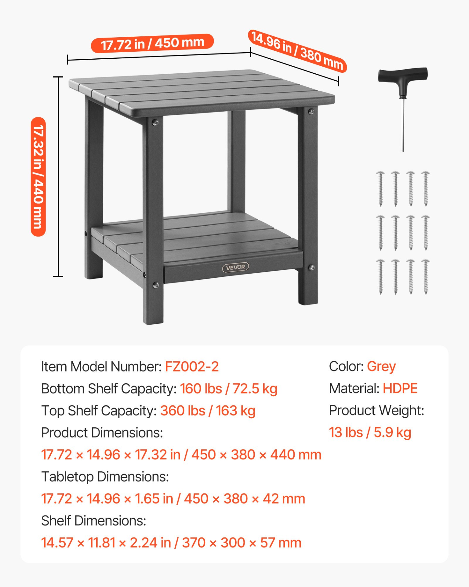 VEVOR Heavy Duty 2-Tier Side Table 360LB Capacity Indoor Outdoor Grey