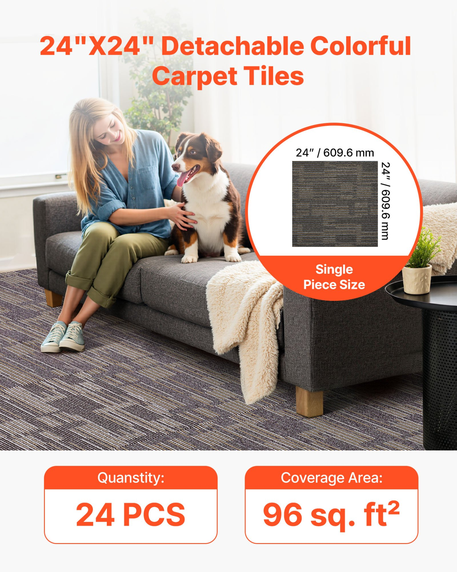 Carpet Tiles Reusable 24×24 inch, 24 PCS Modular Carpet Square Rug, Gray & Brown