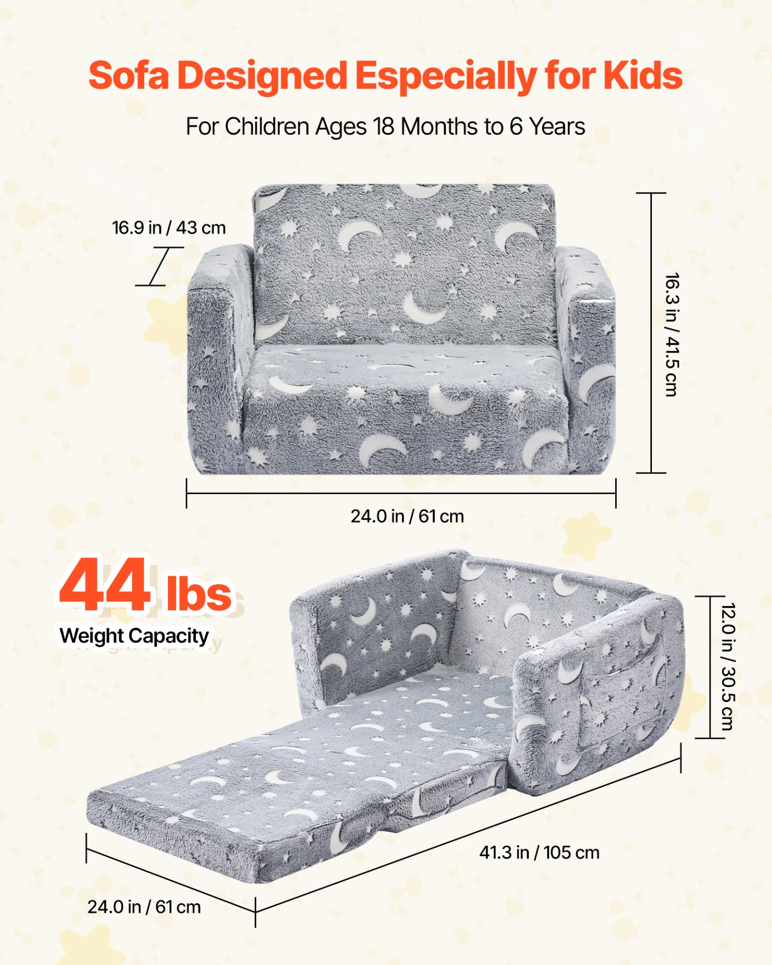 VEVOR Glow in Dark Kids Sofa, 2-in-1 Foldable Toddler Couch w/ Armrests, Gray