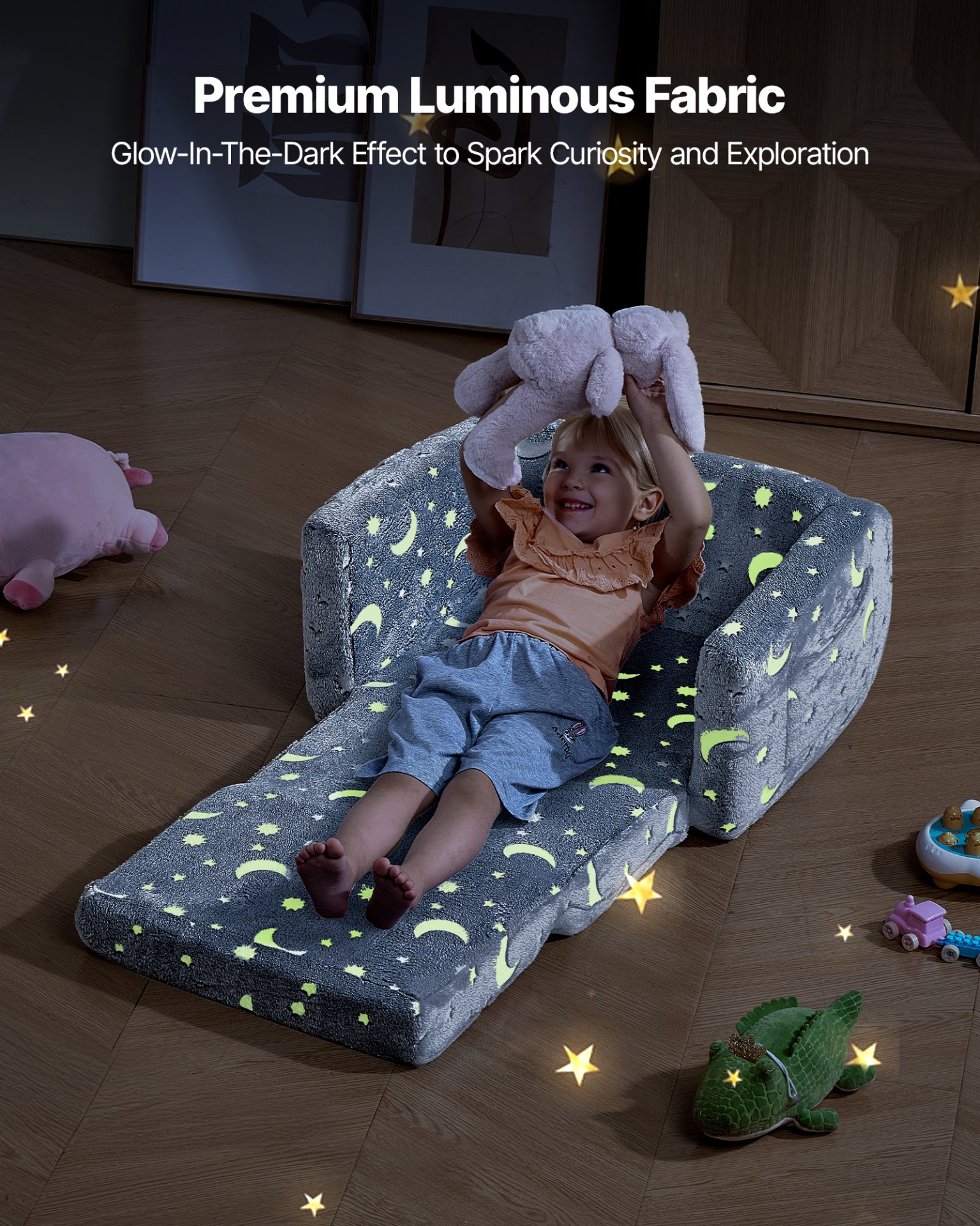 VEVOR Glow in Dark Kids Sofa, 2-in-1 Foldable Toddler Couch w/ Armrests, Gray