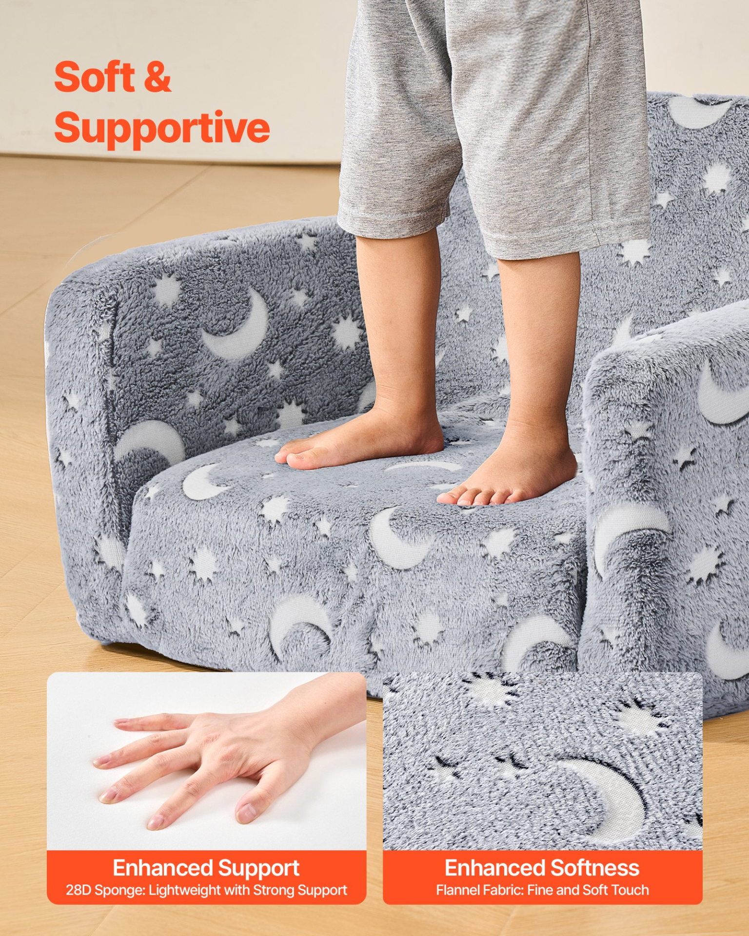 VEVOR Glow in Dark Kids Sofa, 2-in-1 Foldable Toddler Couch w/ Armrests, Gray