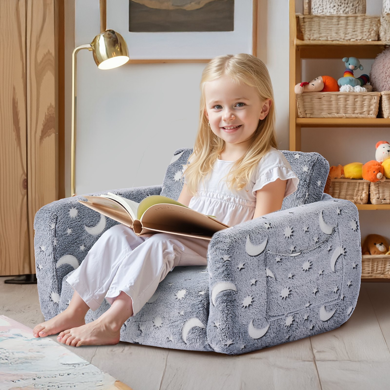 VEVOR Glow in Dark Kids Sofa, 2-in-1 Foldable Toddler Couch w/ Armrests, Gray