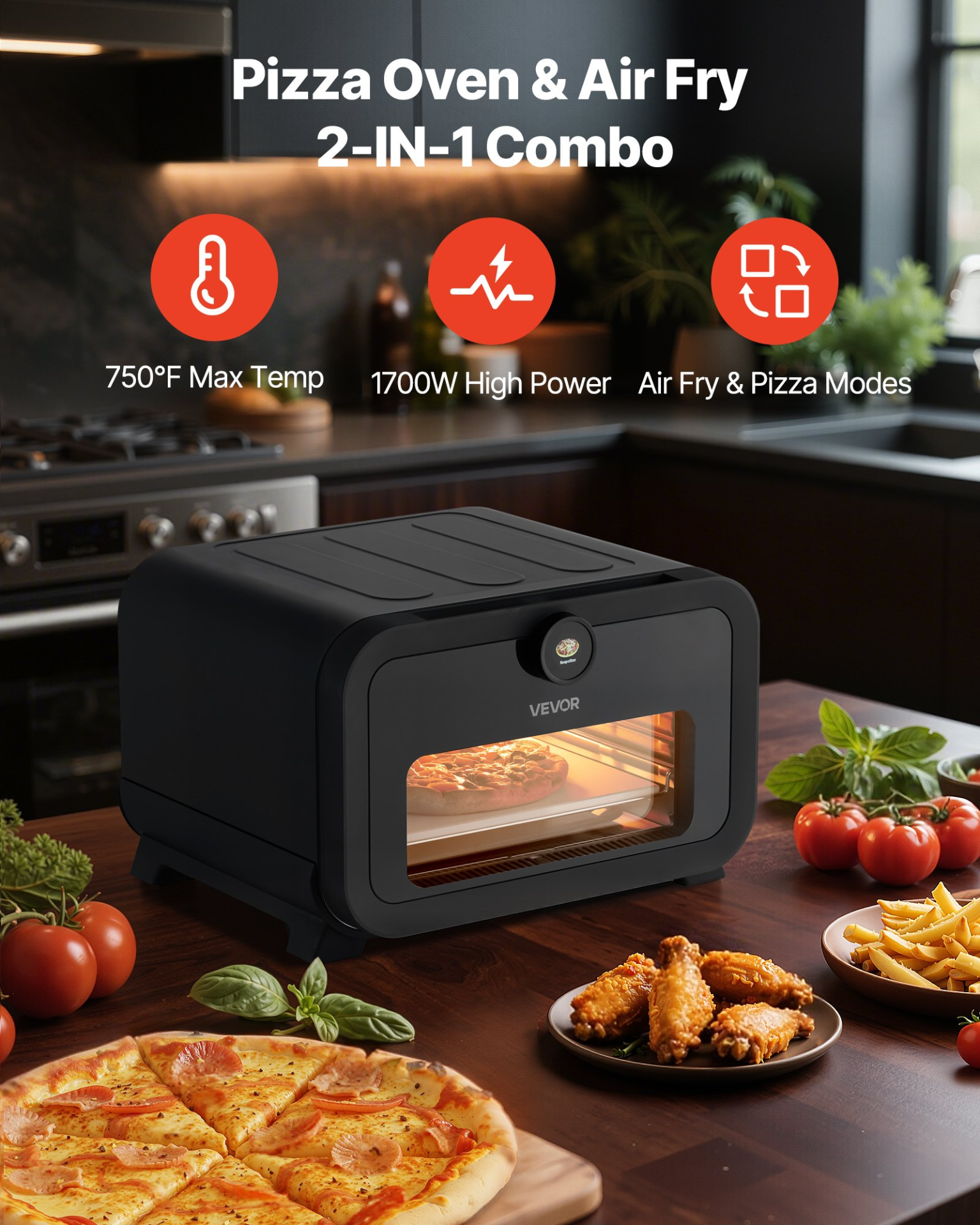 12″ Electric Pizza Oven 1700W, 8-in-1 Countertop Maker, 750°F Indoor/Outdoor