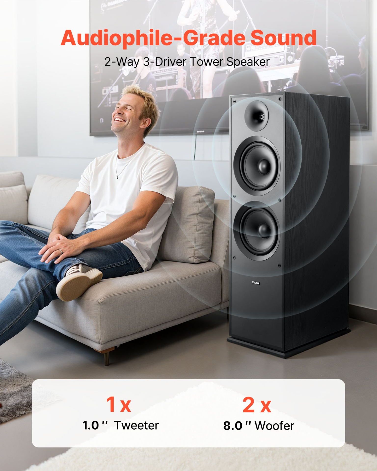 VEVOR 2-Way Tower Speaker with Dual 8" Woofers & 1" Tweeter