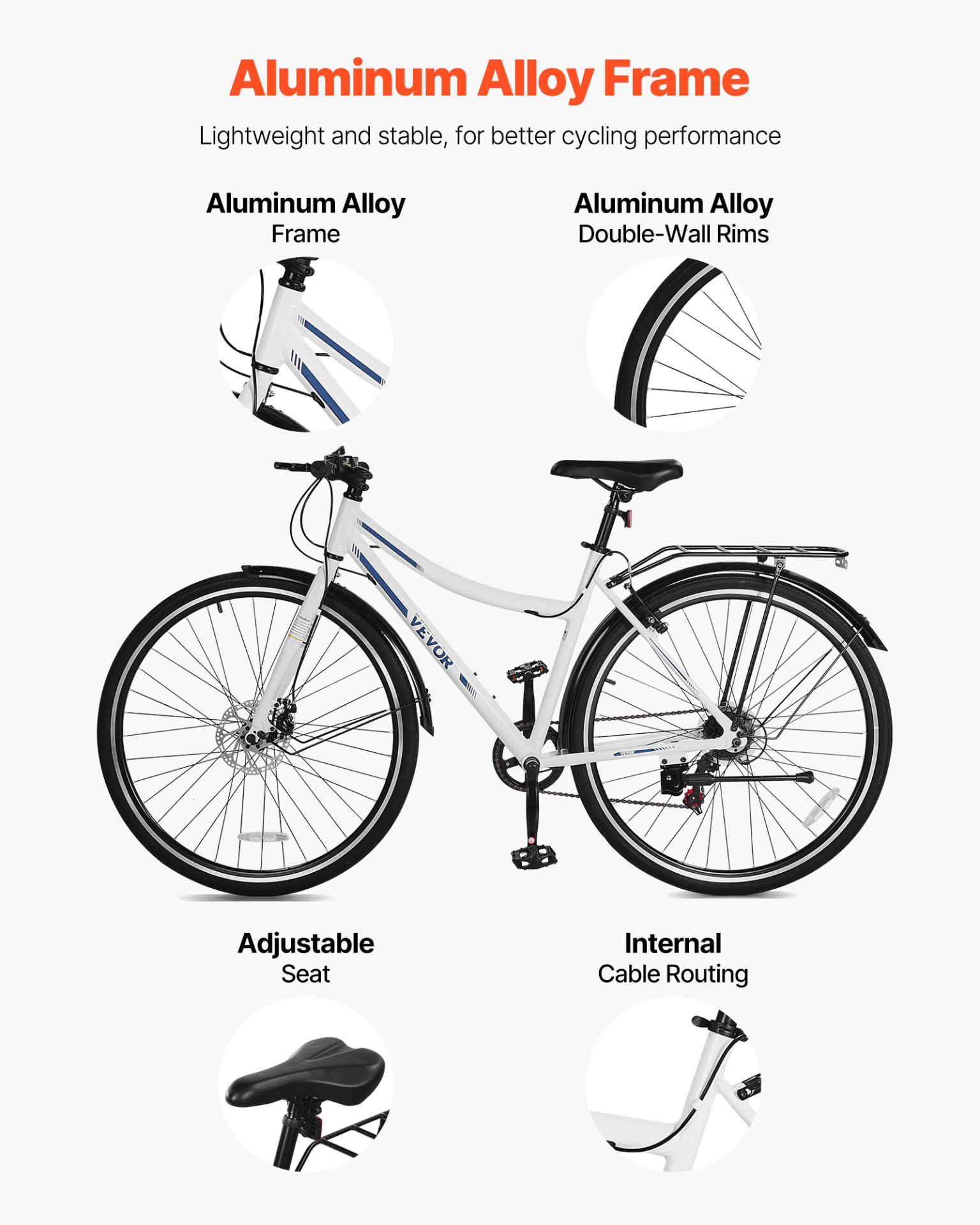 Hybrid Bike, Lightweight Aluminum Frame Bike, Adjustable Sea