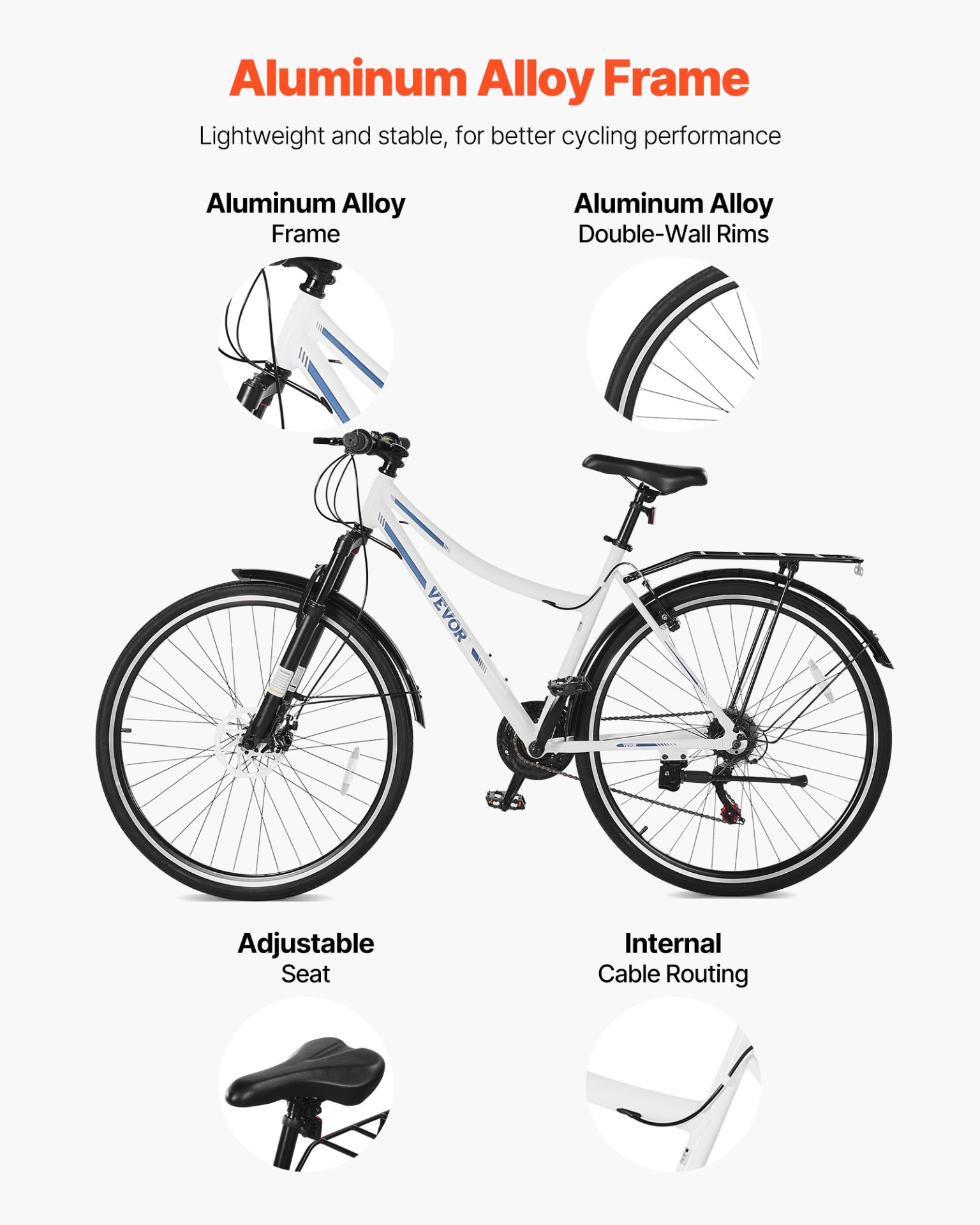 Hybrid Bike - 21-Speed Shimano, Lightweight Aluminum Frame, 