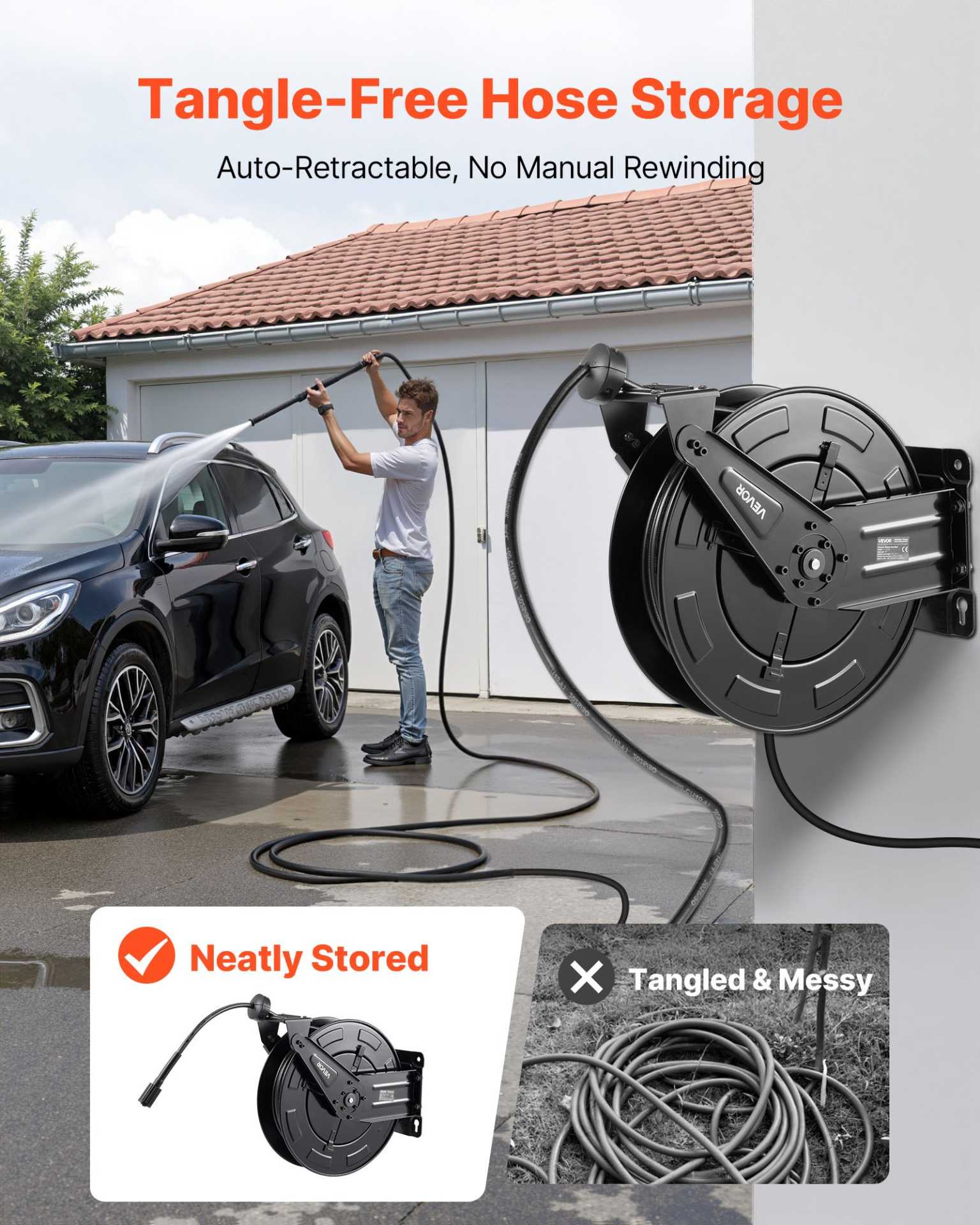 50ft Retractable Pressure Washer Hose Reel 3/8in 4000 PSI Steel