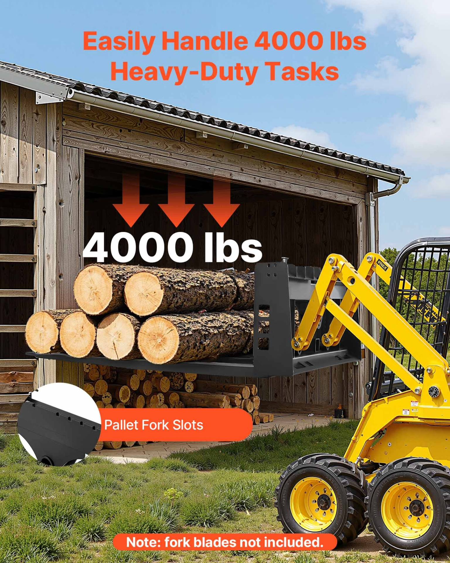 Skid Steer Pallet Fork Frame 4000 lb 45" Quick Attach w/2" Hitch Receiver