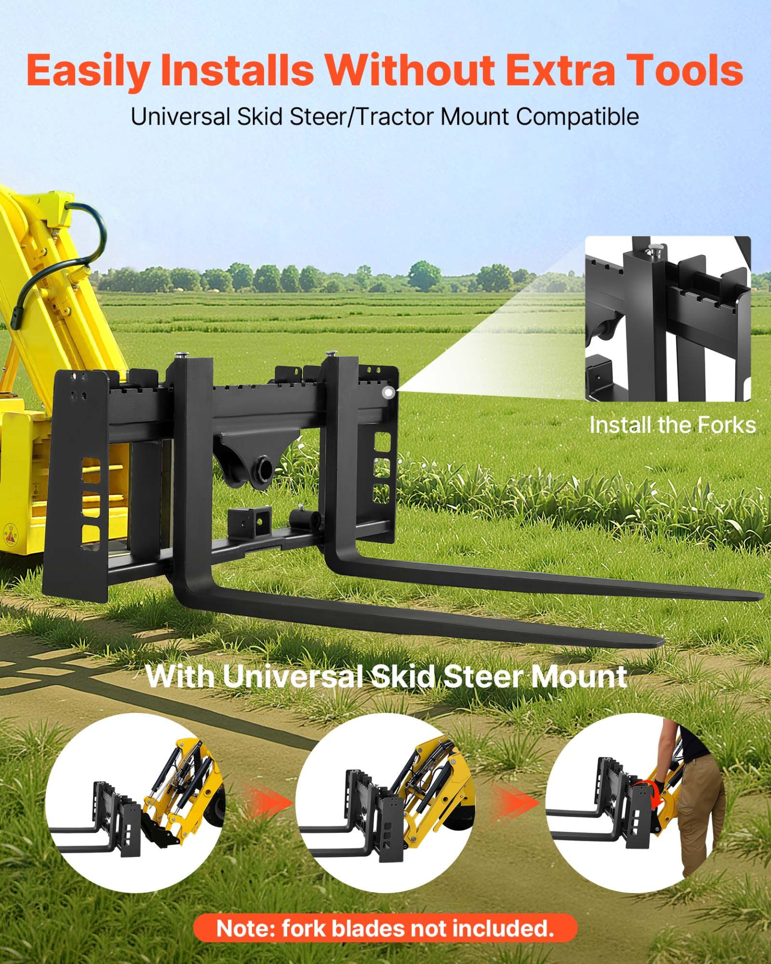 Skid Steer Pallet Fork Frame 4000 lb 45" Quick Attach w/2" Hitch Receiver