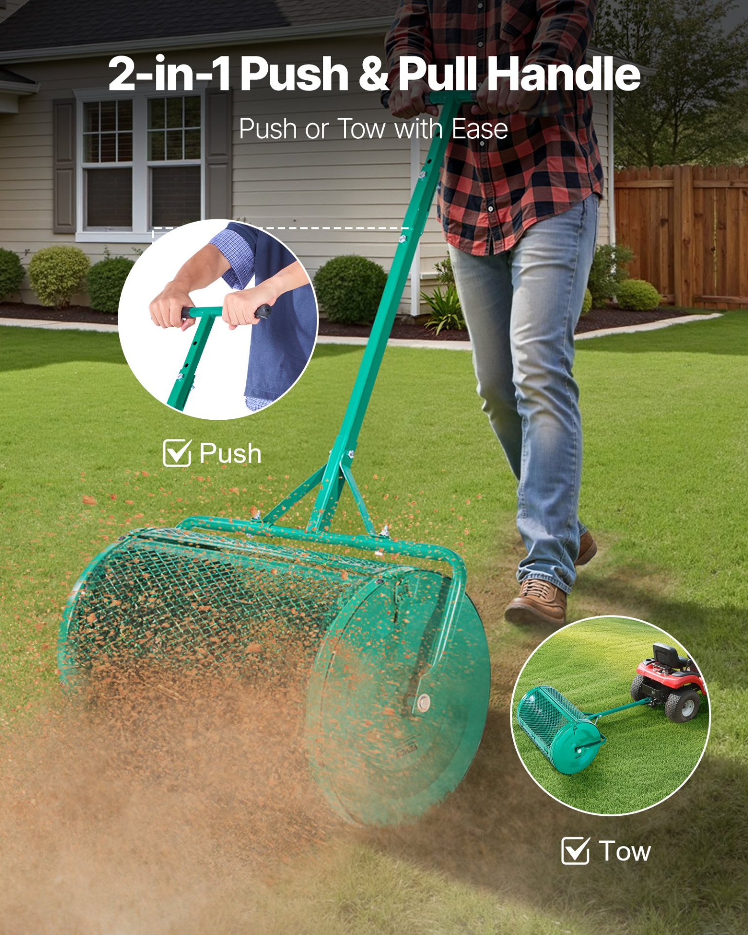 Compost Spreader 24 in Peat Moss Spreader Roller Push/Tow Handle for Yard