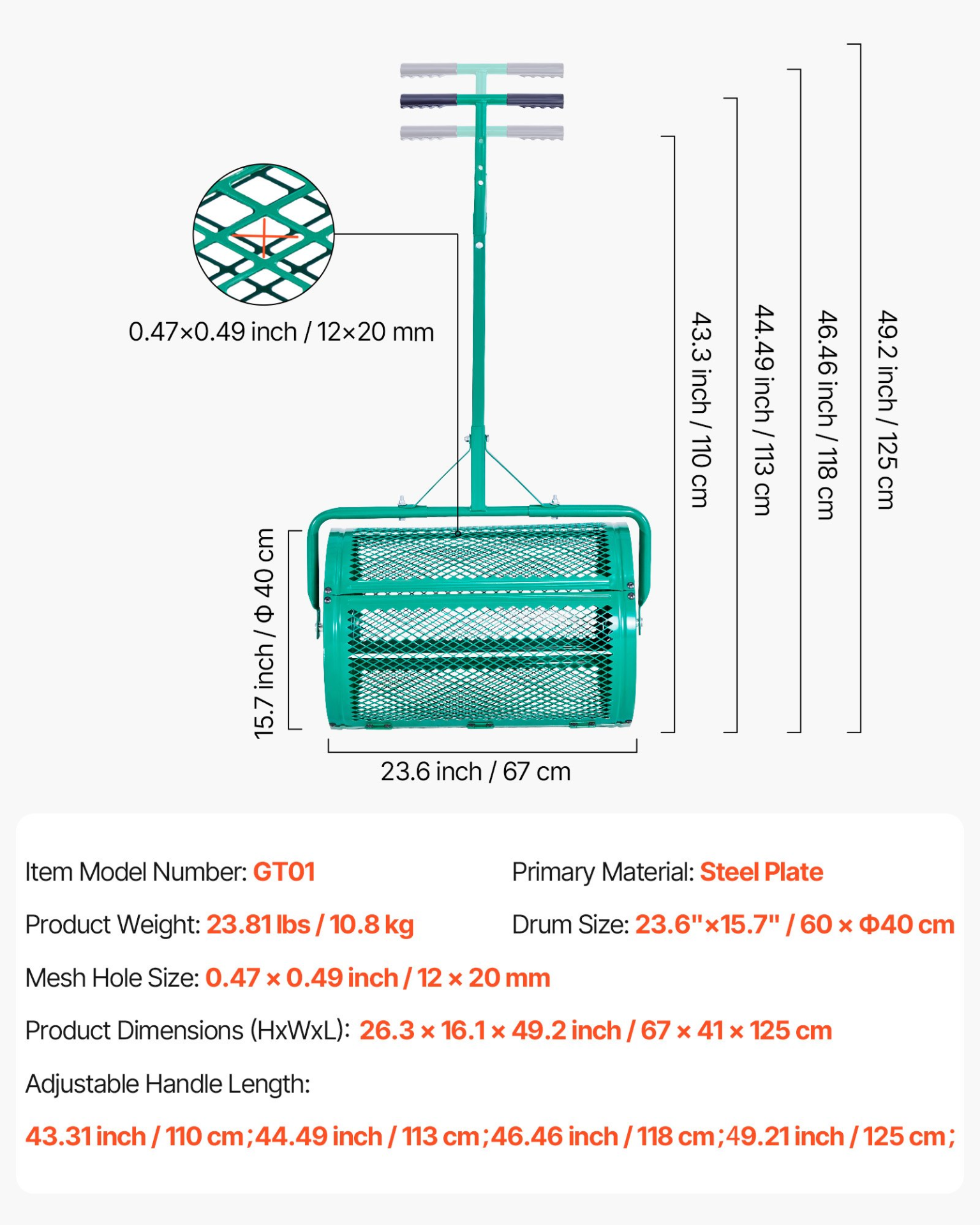 Compost Spreader 24 in Peat Moss Spreader Roller Push/Tow Handle for Yard