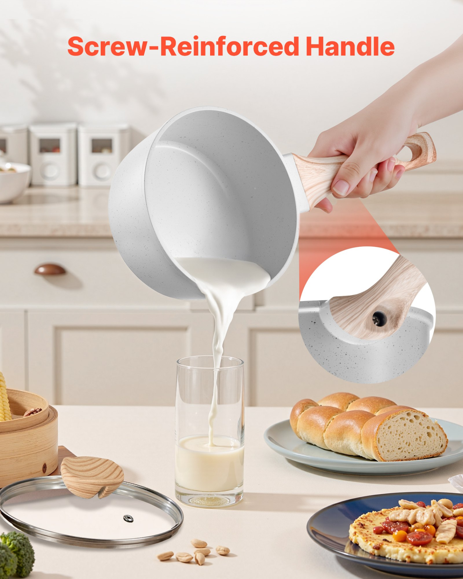 1.5 QT Saucepan, Nonstick Saucepan with Tempered Glass Lid, White - Produktbild 4
