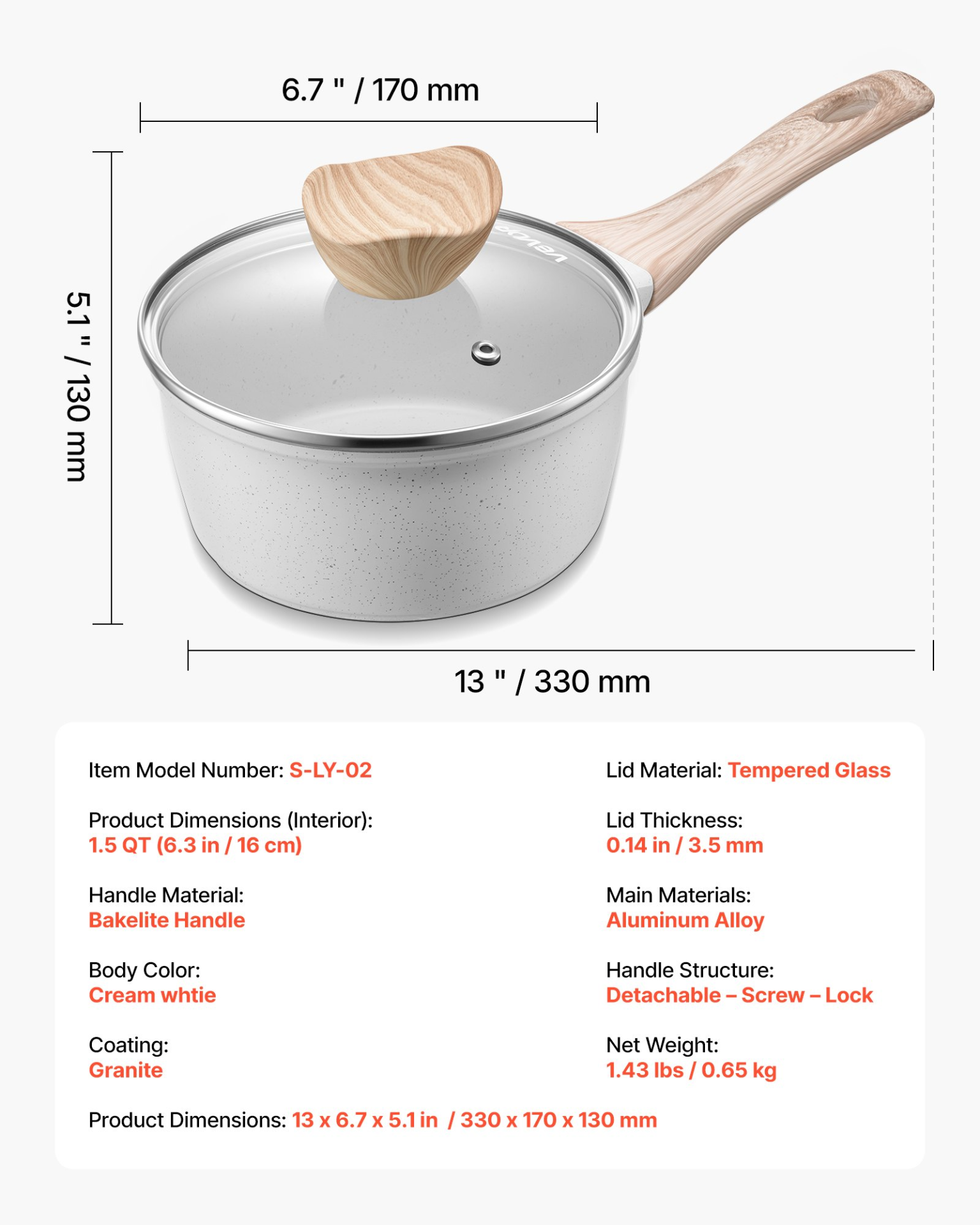 1.5 QT Saucepan, Nonstick Saucepan with Tempered Glass Lid, White - Produktbild 5