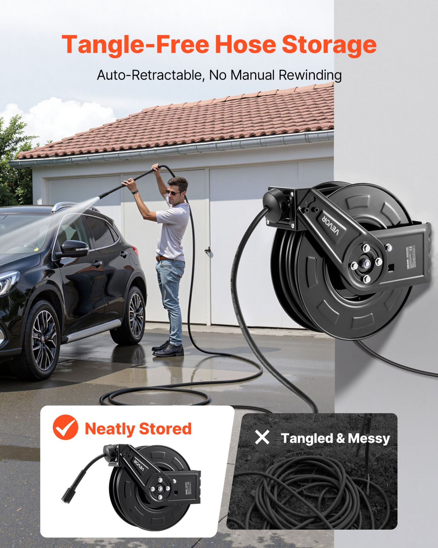 60FT Retractable Pressure Washer Hose Reel 1/4in 4000 PSI Wall Mount Auto Rewind