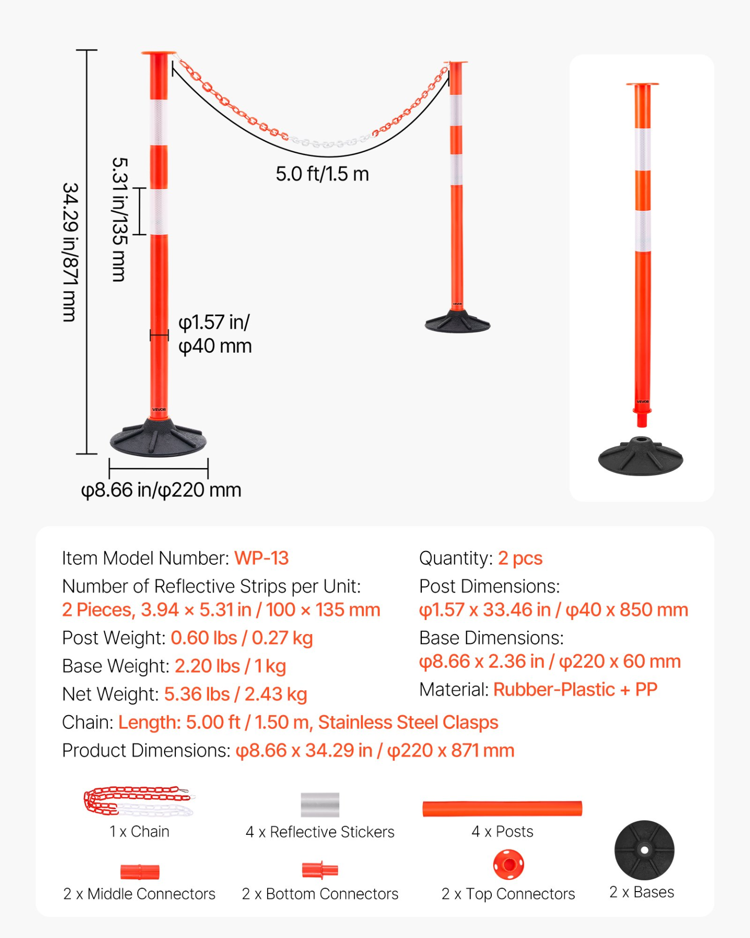 2 Packs Traffic Delineator Posts 34 in Safety Cones Weighted Base & Chains