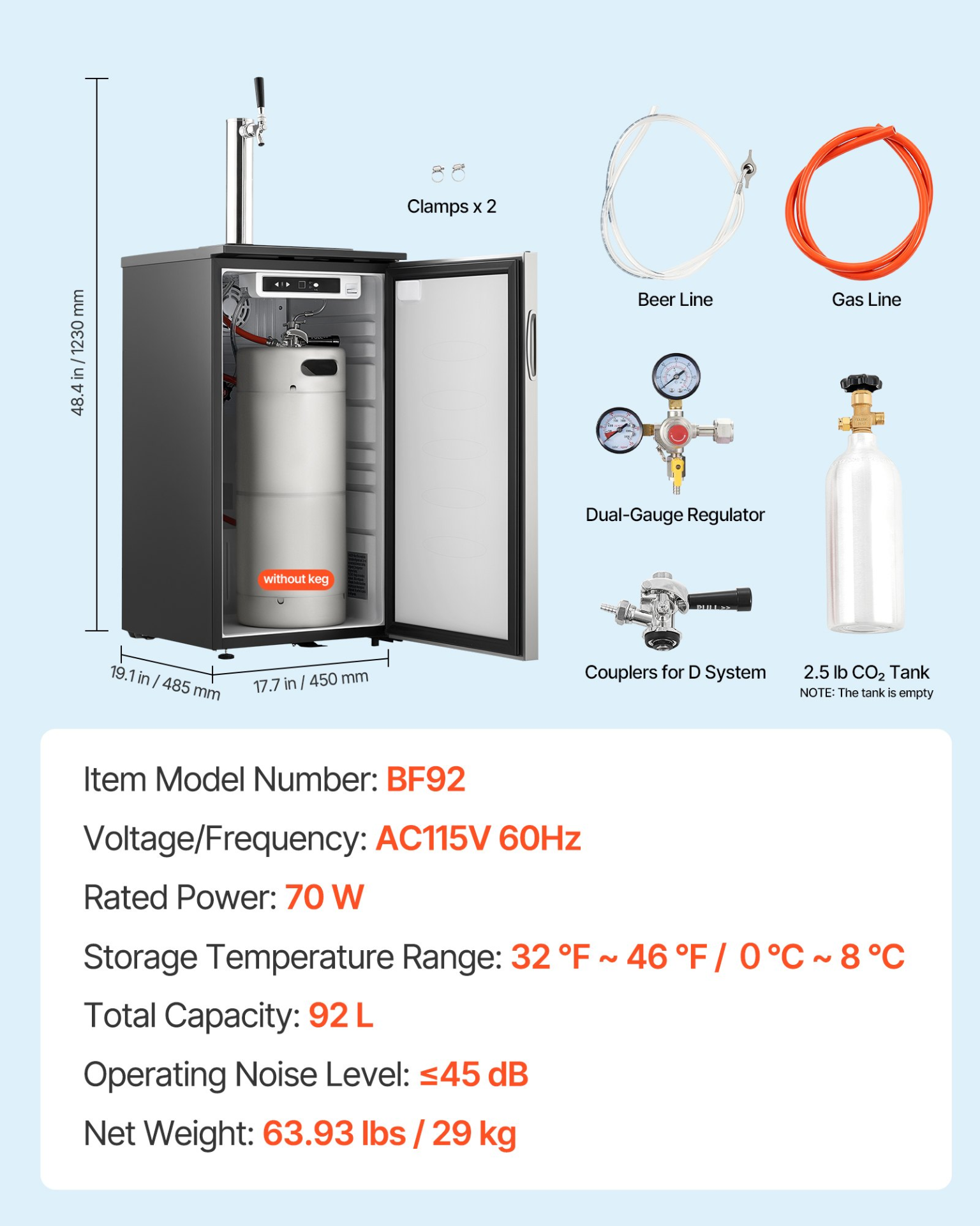 Beer Kegerator, Single Tap Commercial Draft Beer Dispenser for D system, 92L