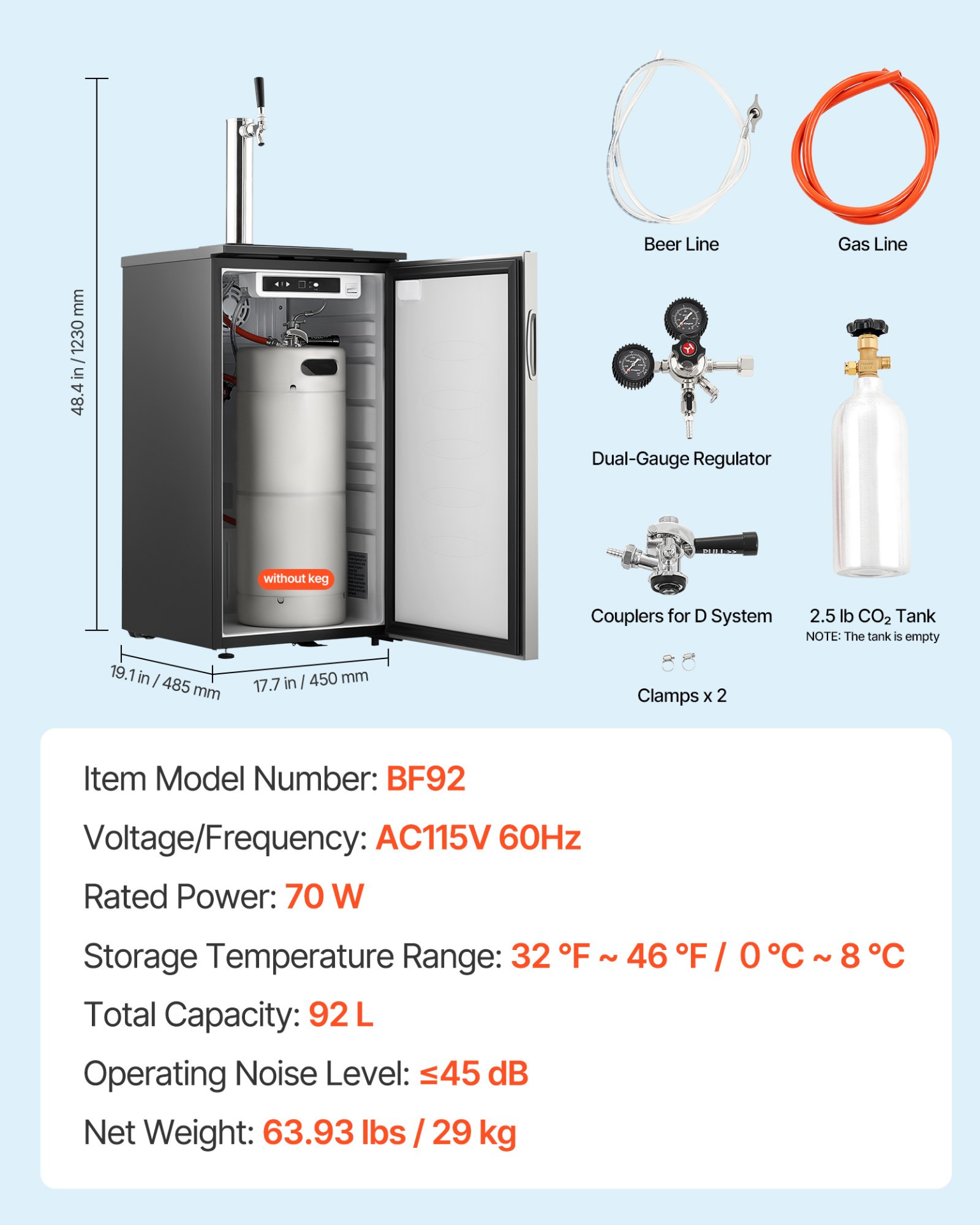VEVOR 92L Single-Tap Beer Kegerator - Complete Draft System with CO2 Tank