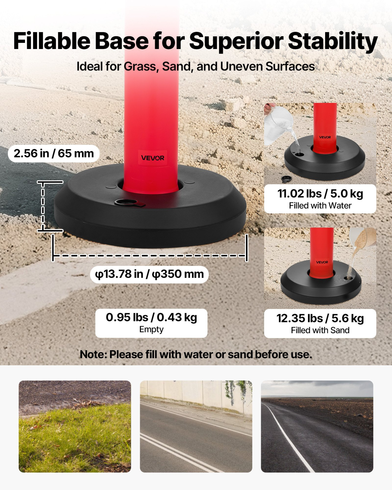 VEVOR 48" Traffic Delineator Posts 3-Pack with Fillable Base & Reflective Strips
