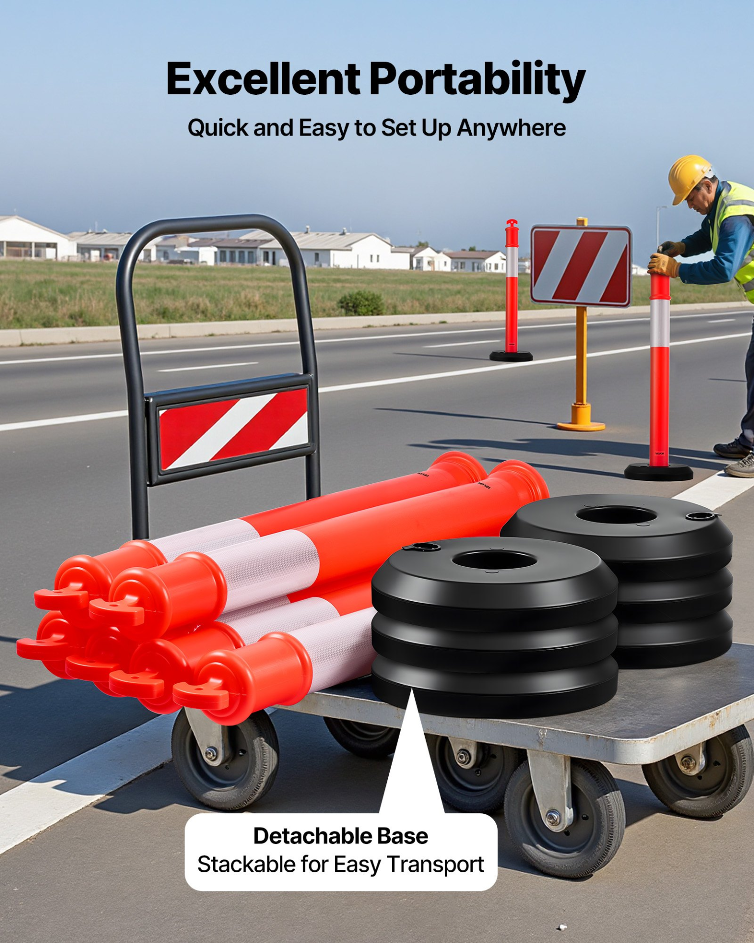 VEVOR 48" Traffic Delineator Posts 3-Pack with Fillable Base & Reflective Strips