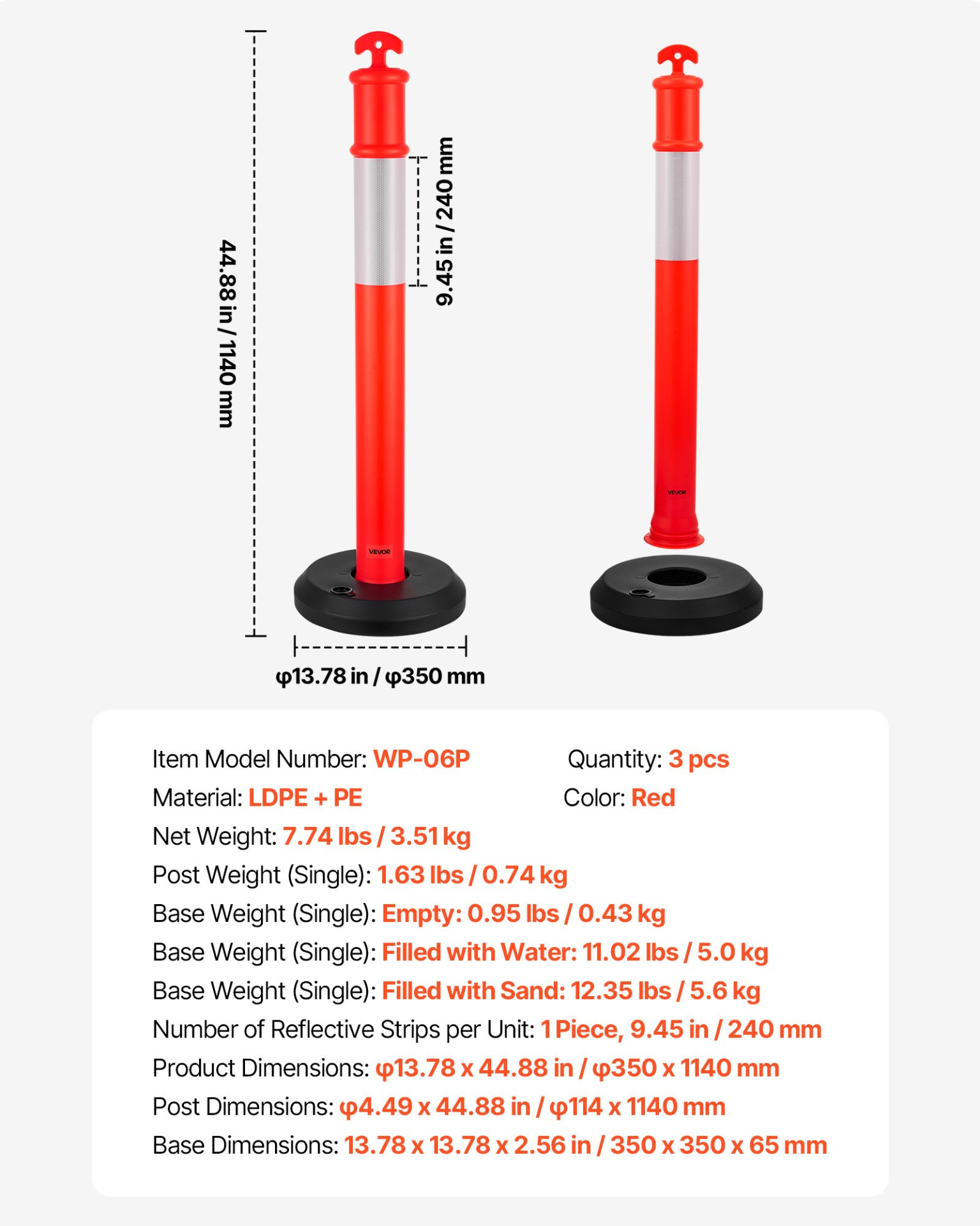 VEVOR 48" Traffic Delineator Posts 3-Pack with Fillable Base & Reflective Strips
