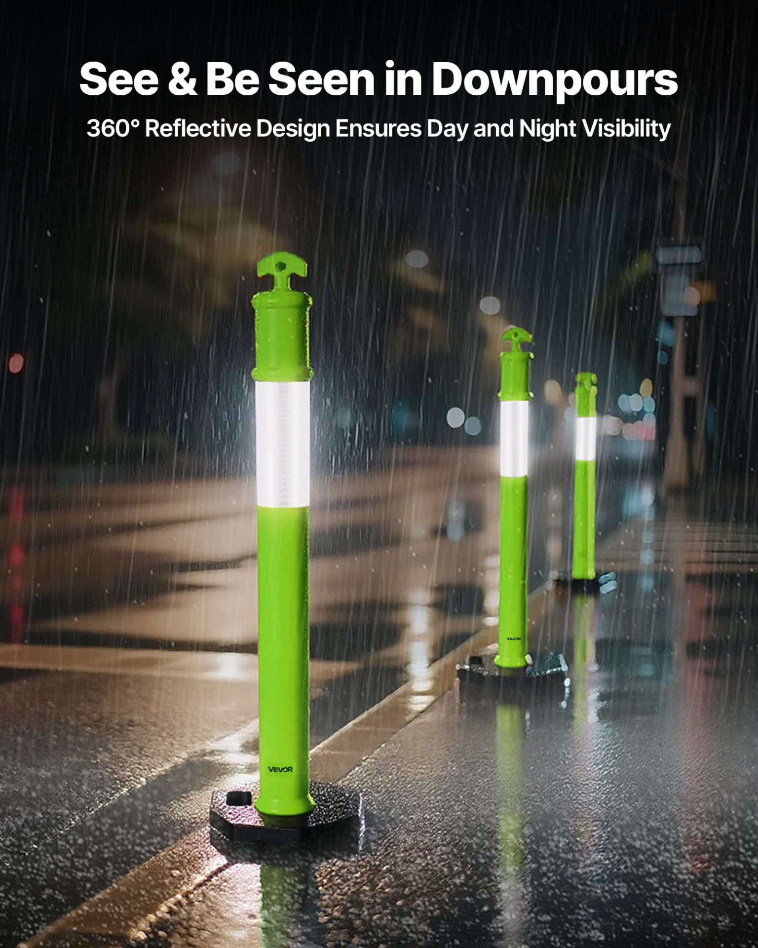 VEVOR 3-Pack 48" Traffic Delineator Posts w/ Weighted Base 360° Reflective