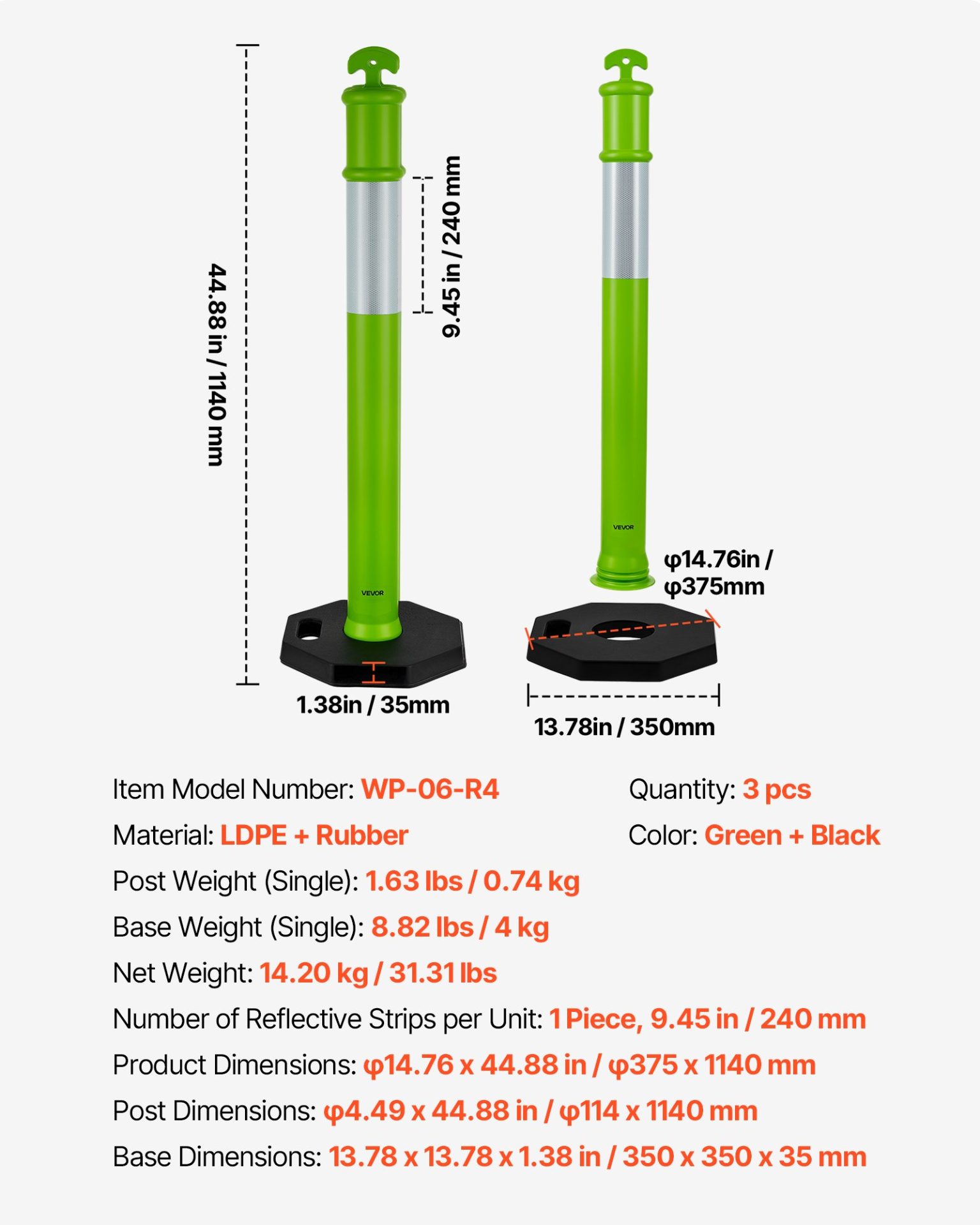 VEVOR 3-Pack 48" Traffic Delineator Posts w/ Weighted Base 360° Reflective