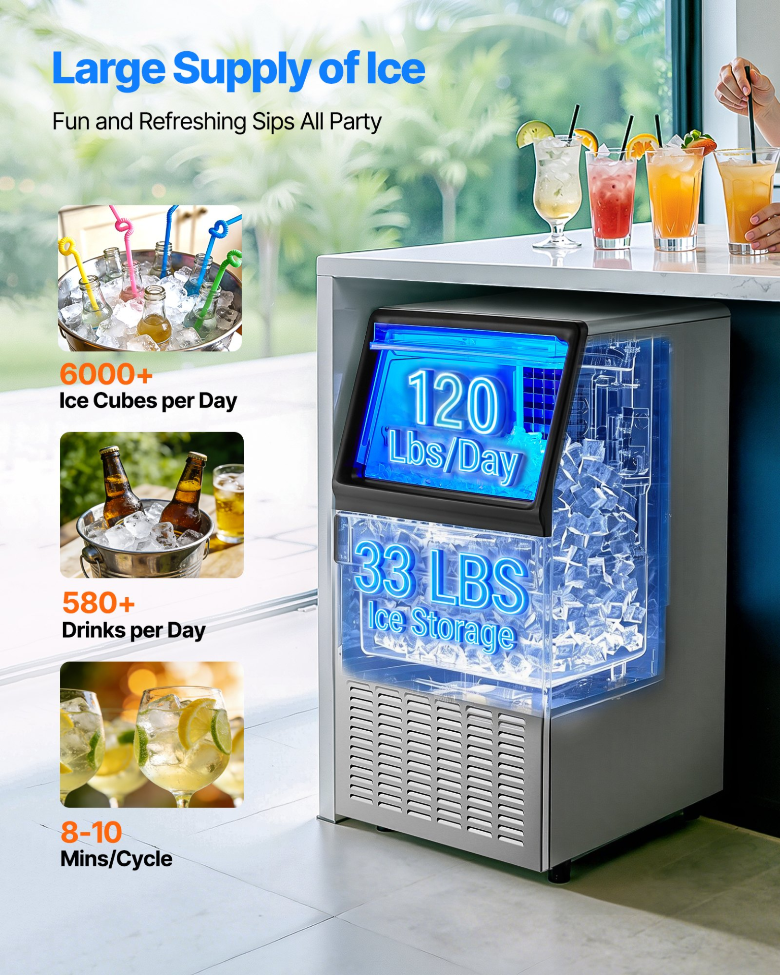130lb/24H Ice Maker 33lb Bin 45 Cubes SS LED Self-Clean