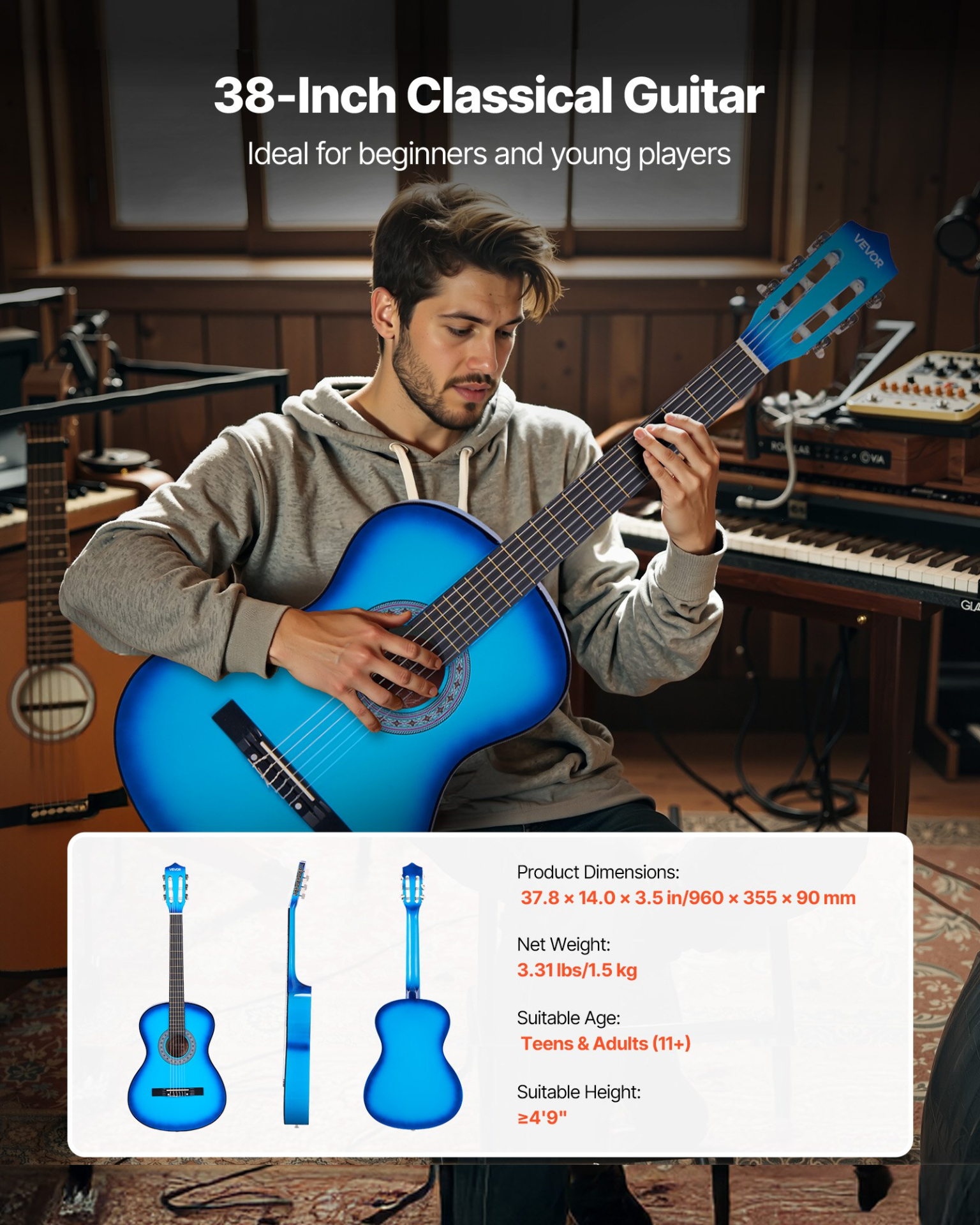 Classical Guitar 38 in Guitar Beginner Starter Kit with Nylon Strings Blue