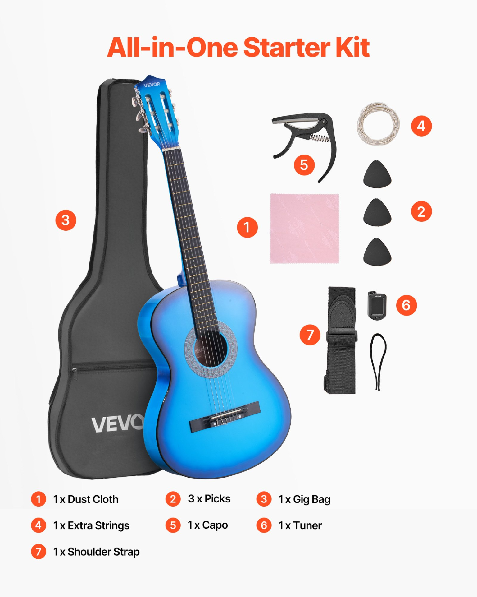 Classical Guitar 38 in Guitar Beginner Starter Kit with Nylon Strings Blue