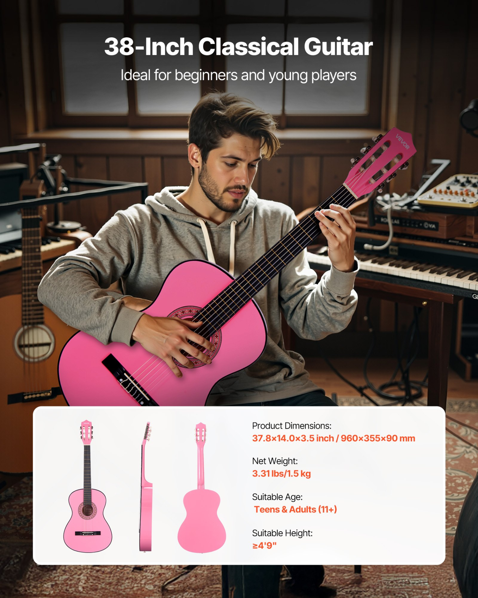 VEVOR 38" Pink Classical Guitar - Complete Beginner Starter Kit