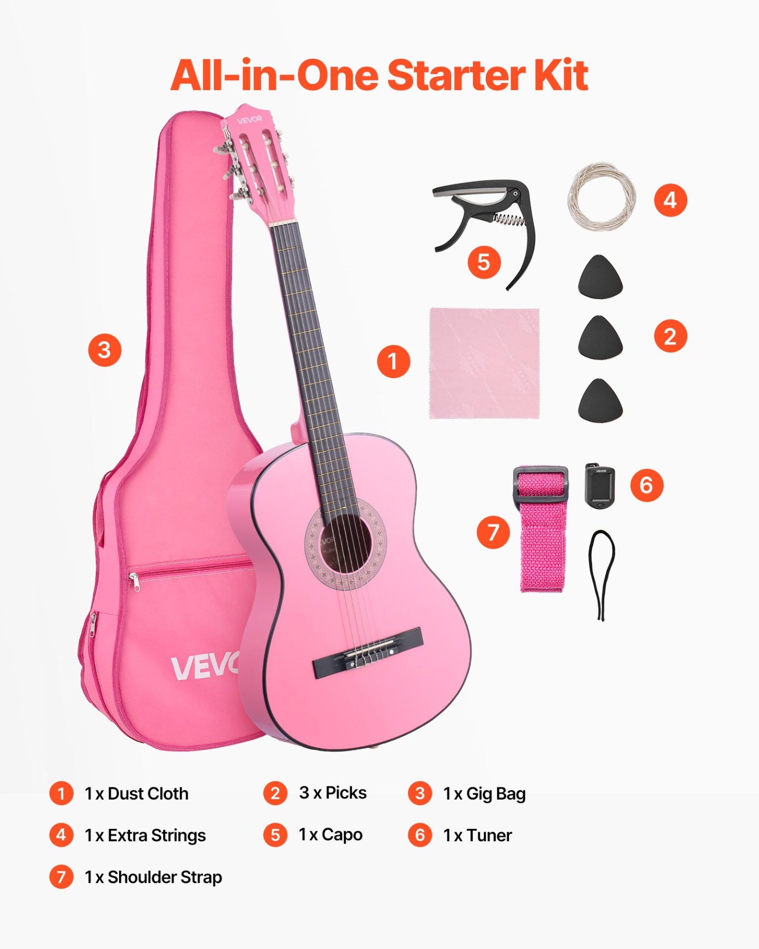 VEVOR 38" Pink Classical Guitar - Complete Beginner Starter Kit