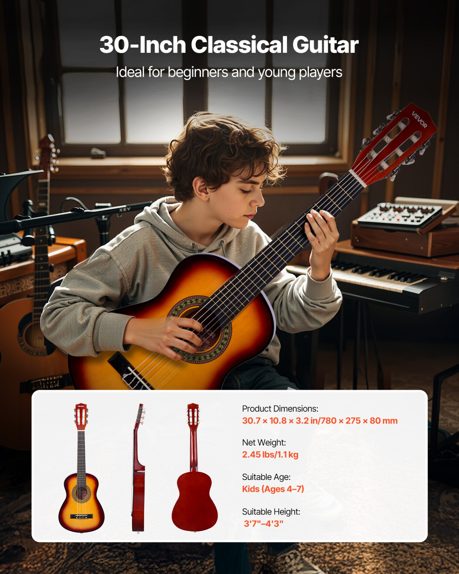 Classical Guitar 30 in Guitar Beginner Starter Kit Nylon Strings Sunburst