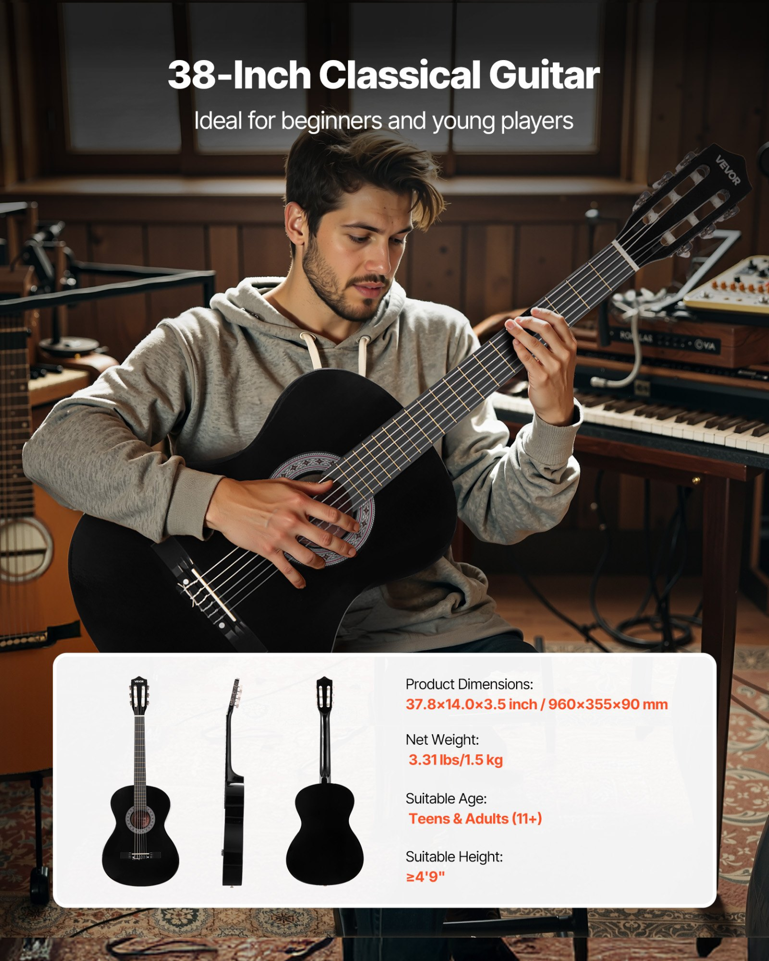 VEVOR 38" Black Classical Guitar - Complete All-in-One Starter Kit