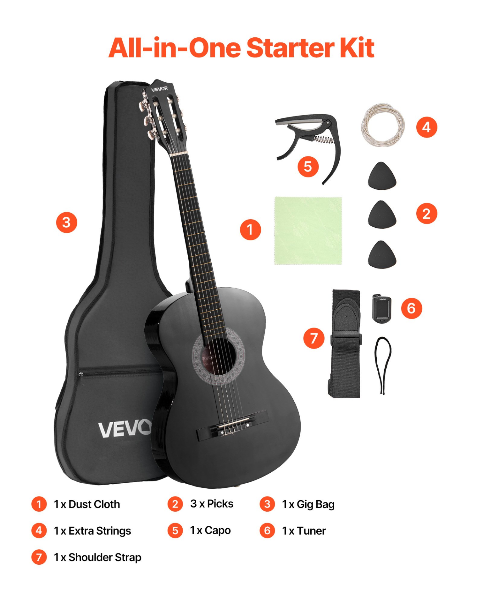 VEVOR 38" Black Classical Guitar - Complete All-in-One Starter Kit