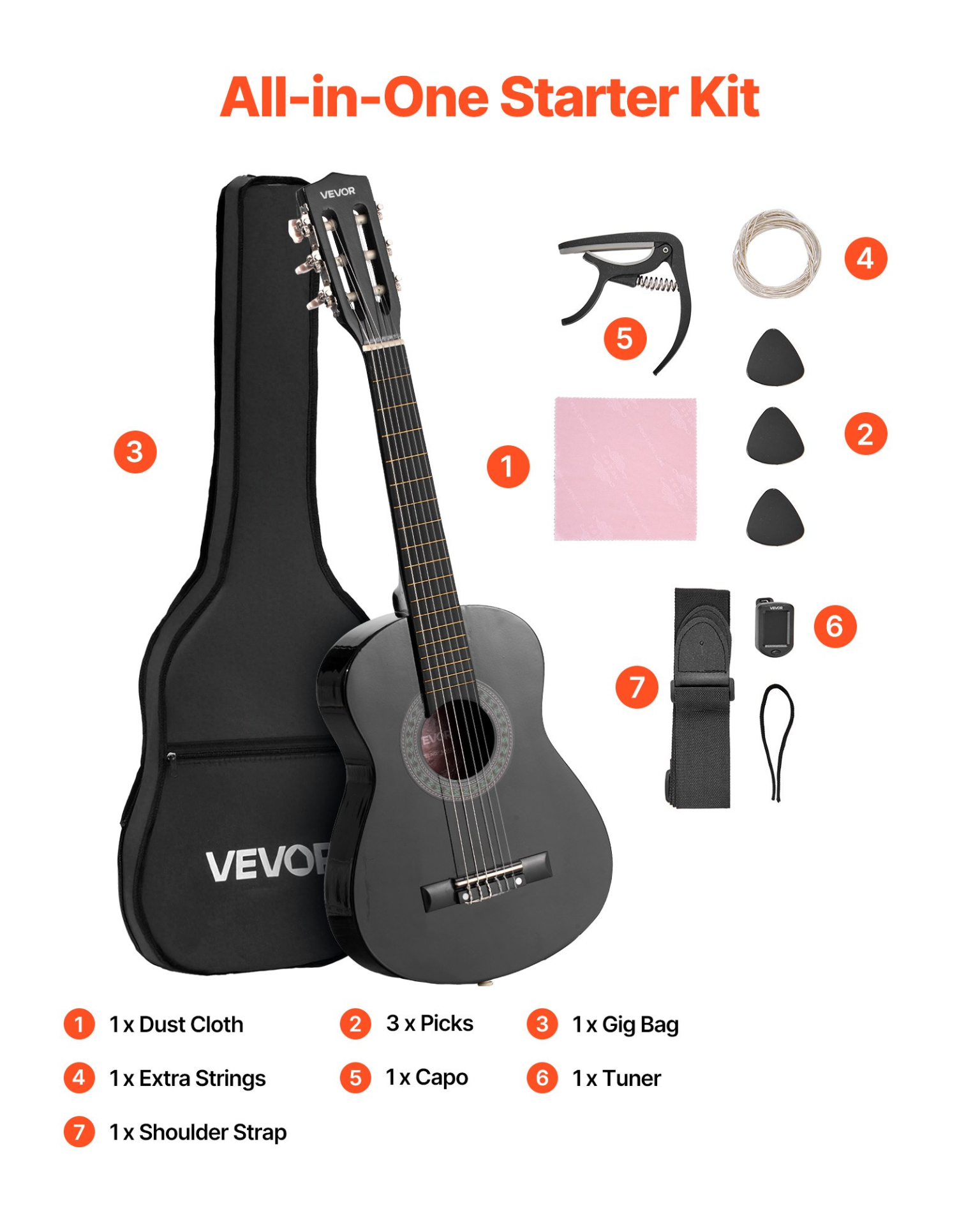Classical Guitar 30 in Guitar Beginner Starter Kit Nylon Strings Black