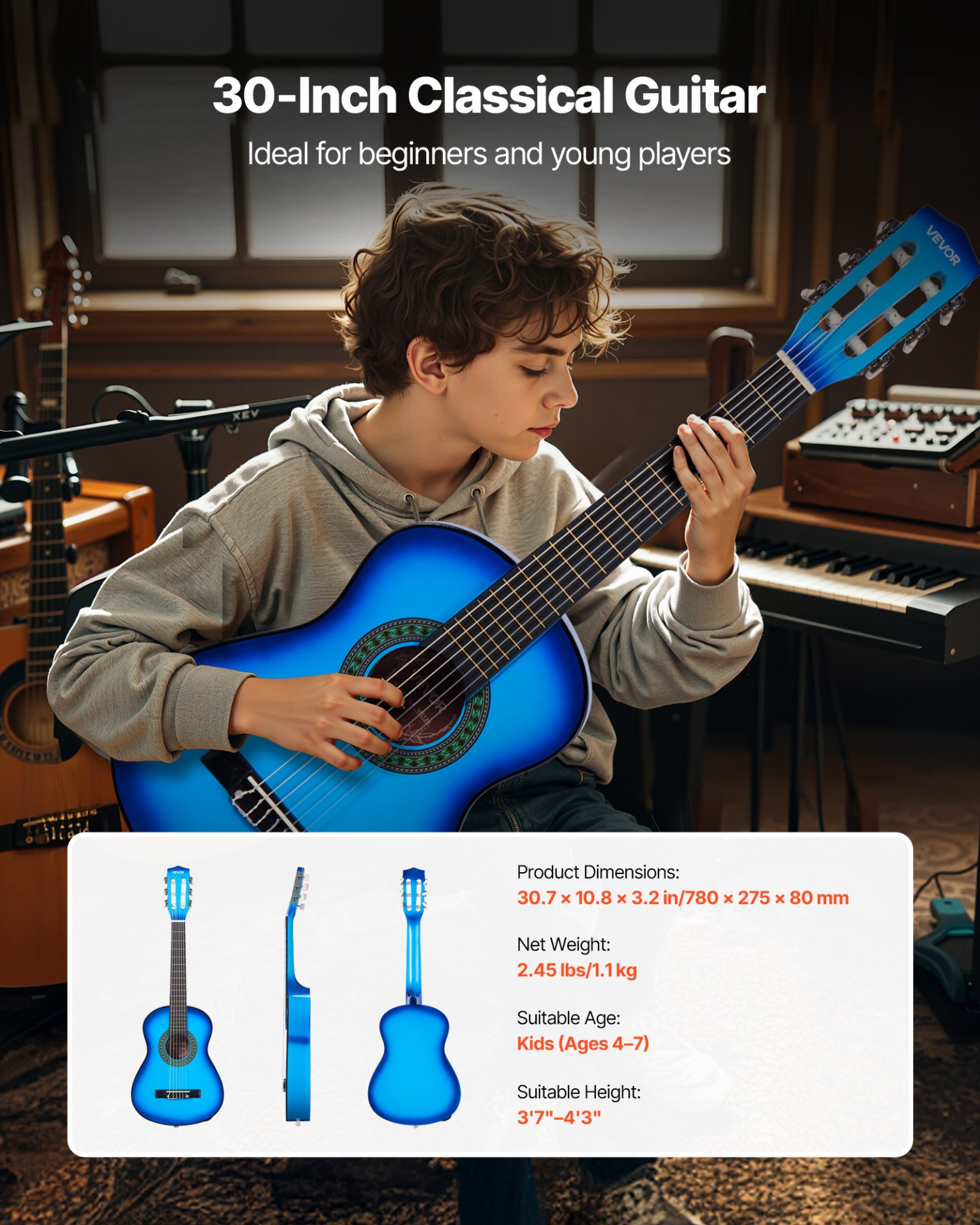 Classical Guitar 30 in Guitar Beginner Starter Kit with Nylon Strings Blue
