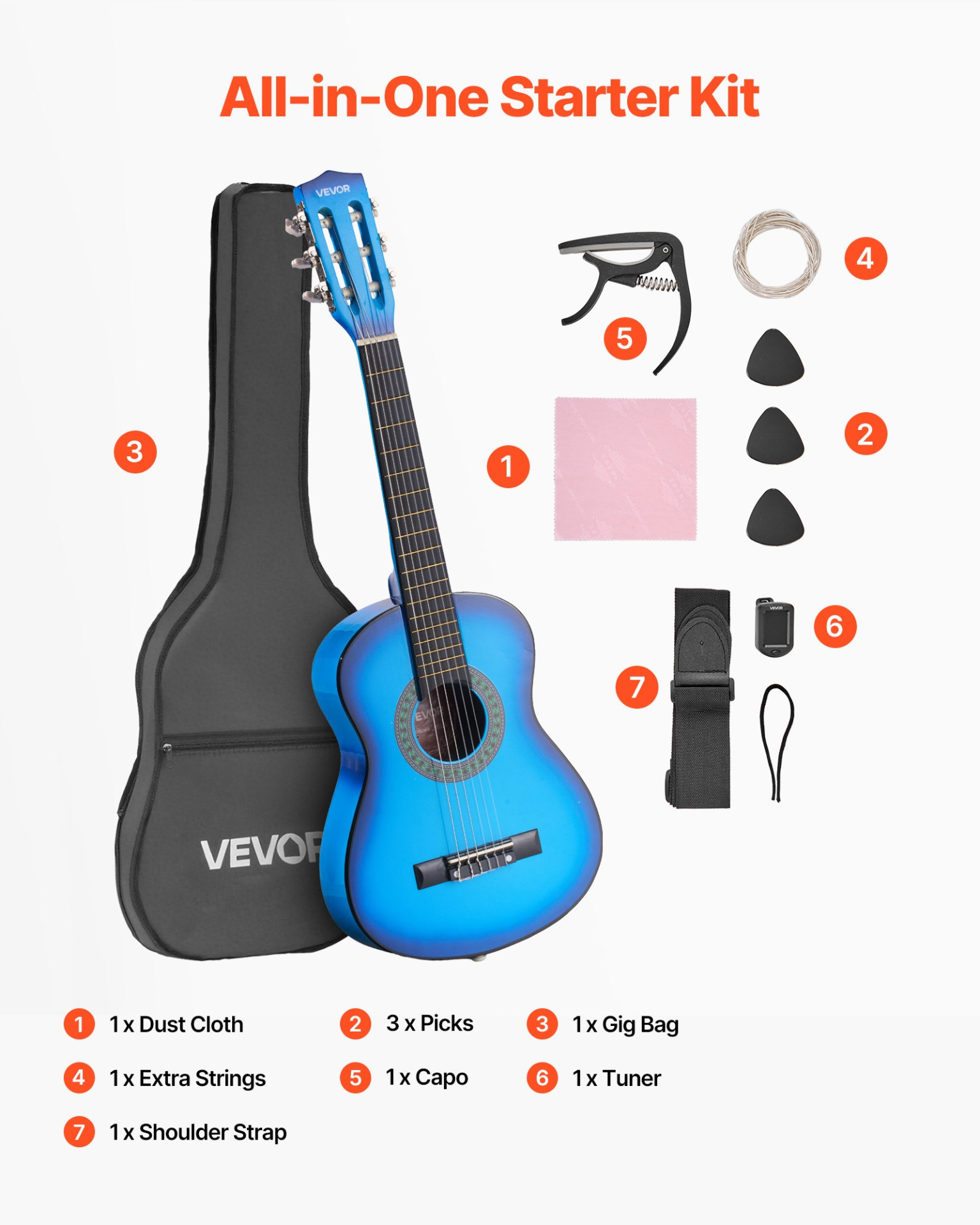 Classical Guitar 30 in Guitar Beginner Starter Kit with Nylon Strings Blue