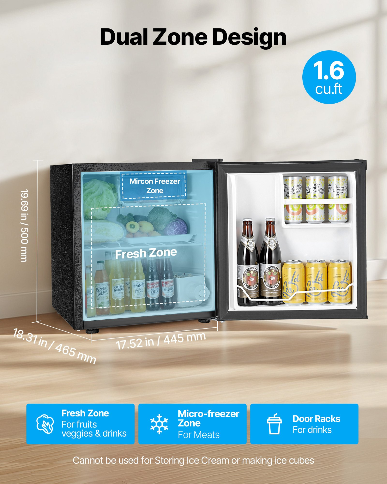 Mini Fridge, 1.6 Cu.Ft, Single Door Compact Refrigerator, Black