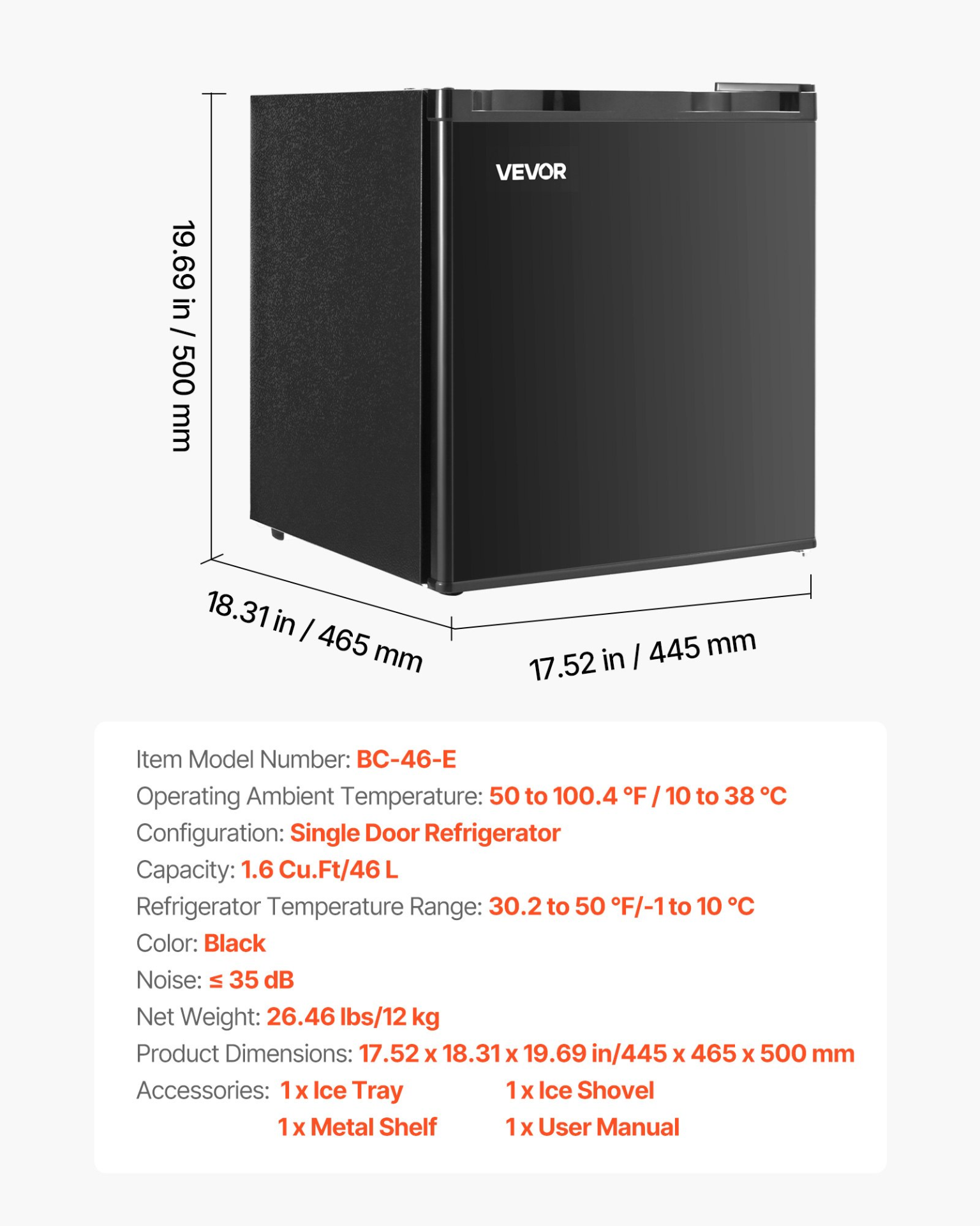 Mini Fridge, 1.6 Cu.Ft, Single Door Compact Refrigerator, Black