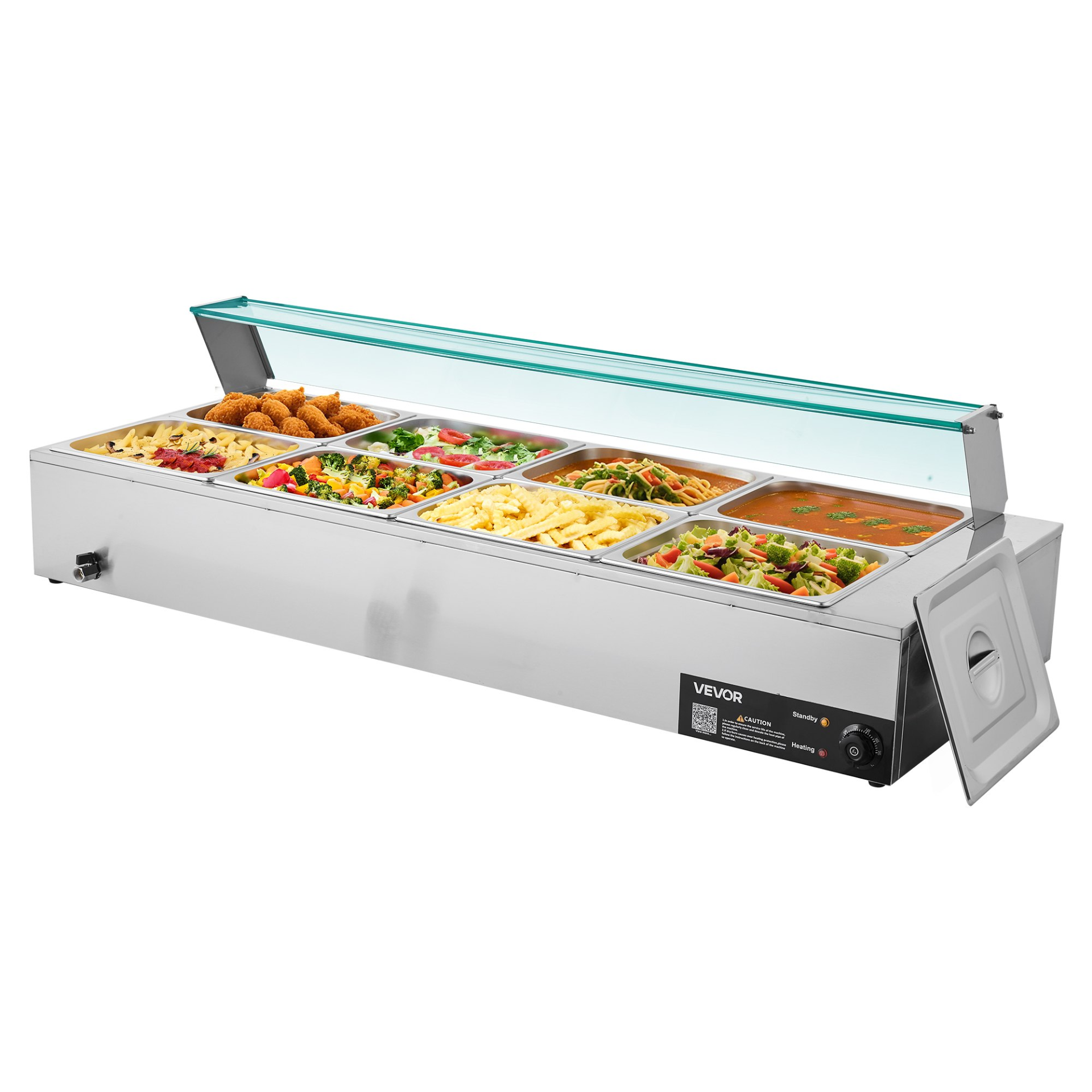 8-Pan Commercial Food Warmer – 1700W Stainless Steel Bain Marie with Glass Cove