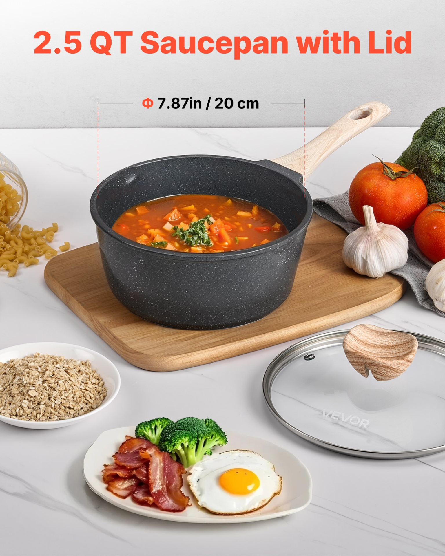VEVOR 2.5 QT Saucepan Nonstick Saucepan with Glass Lid & Detachable Handle Black