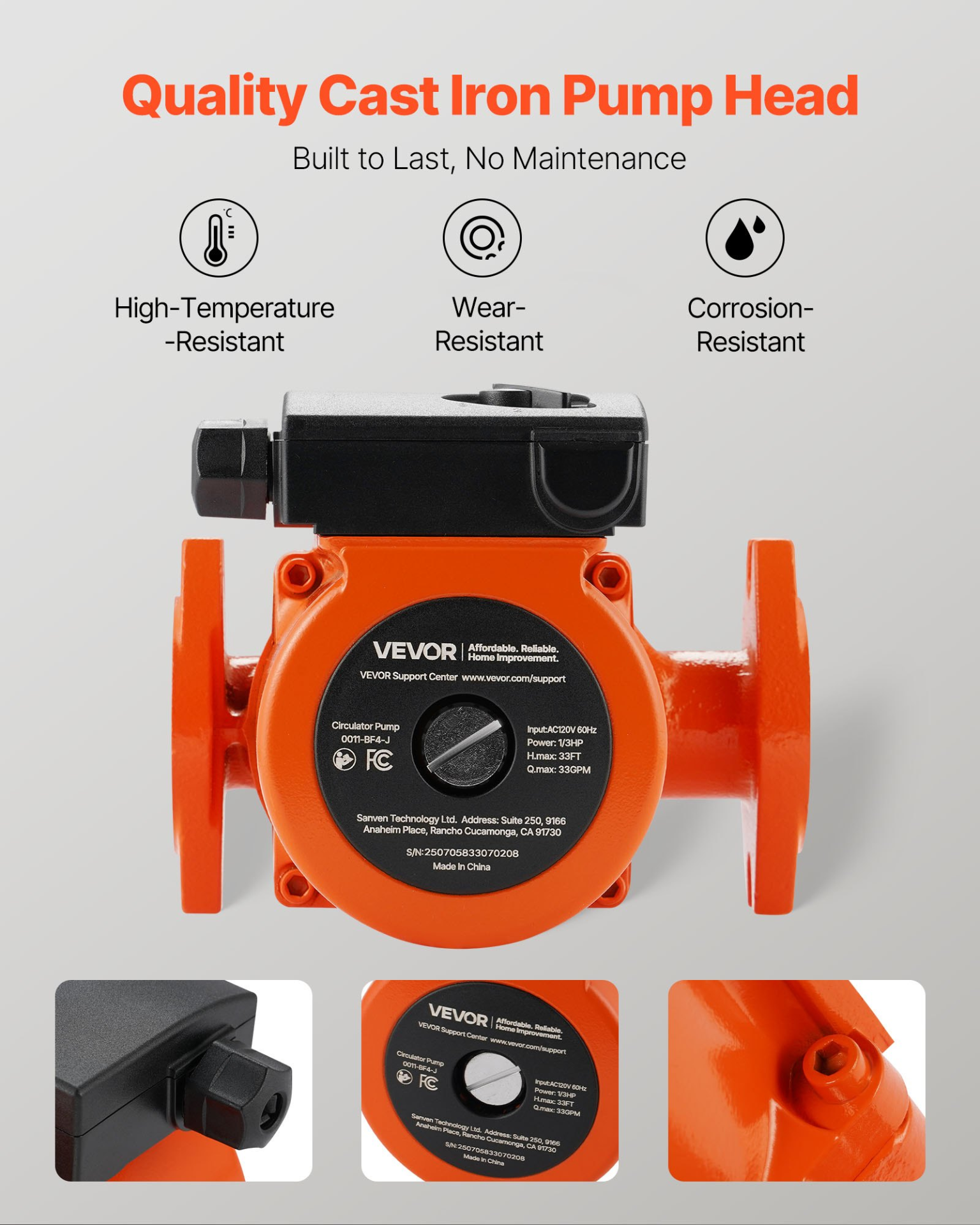 0011-BF4-J Cast Iron Circulator Pump 33GPM 120V 3-Speed Hot Water Heating
